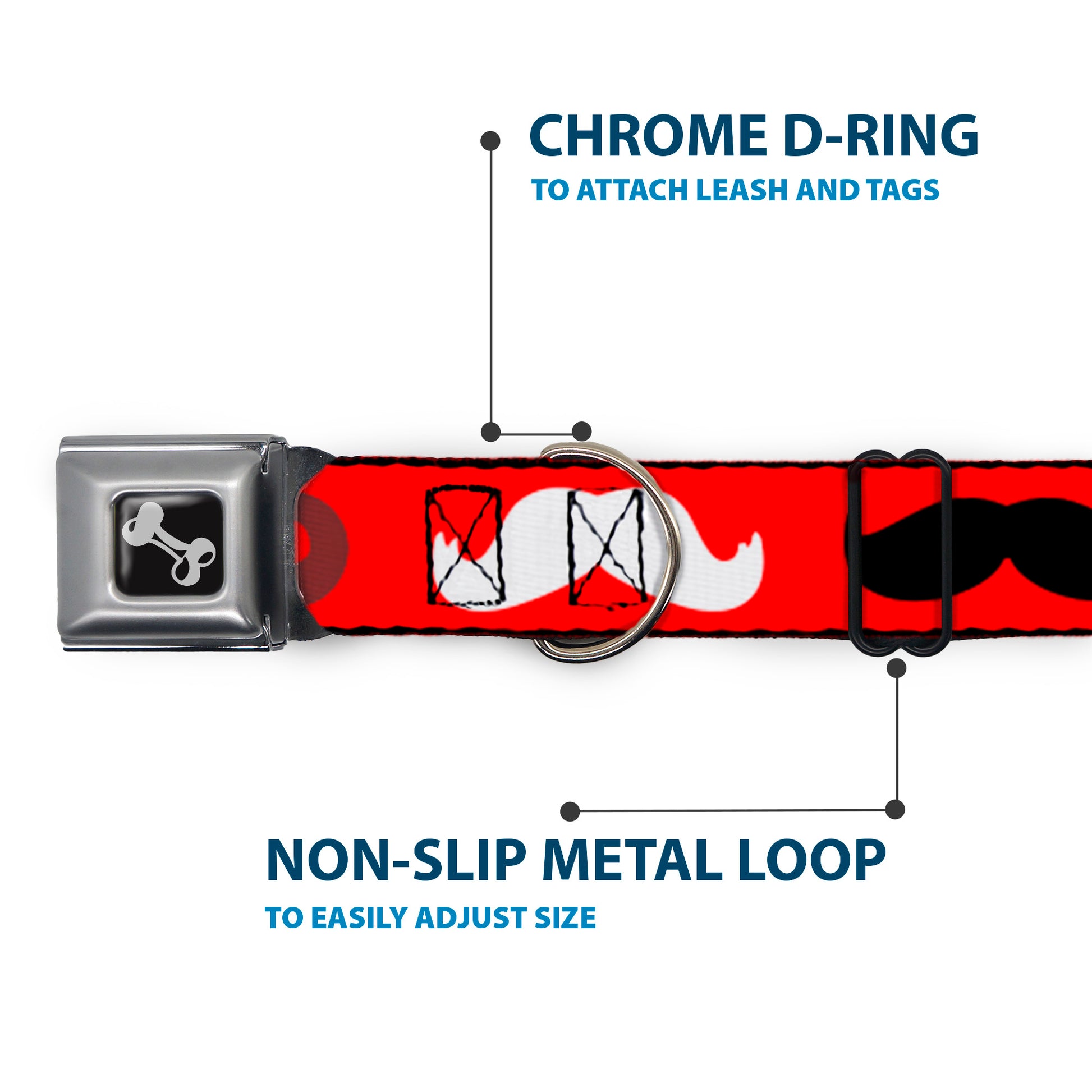 Dog Bone Seatbelt Buckle Collar - Mustaches Red/Brown/White/Black Seatbelt Buckle Collars Buckle-Down