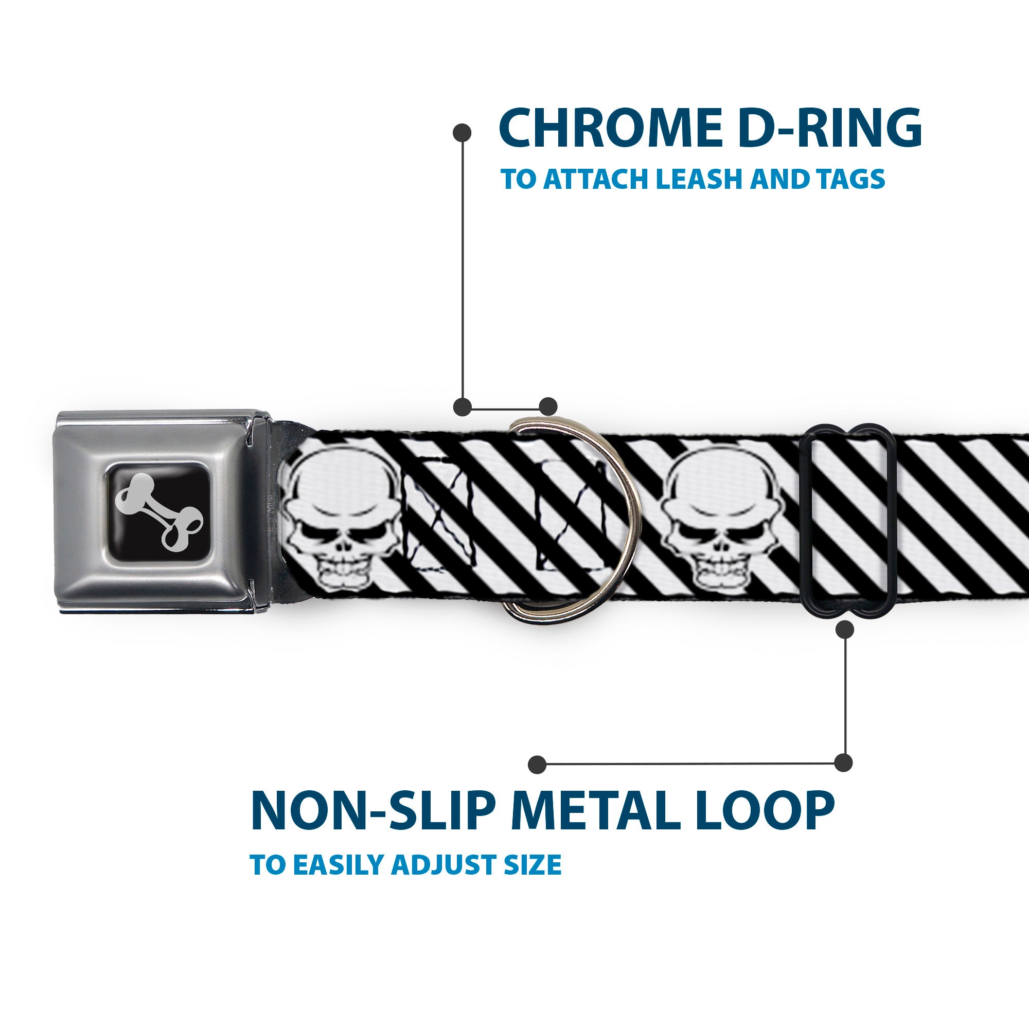 Dog Bone Seatbelt Buckle Collar - Metal Skull Black/White Seatbelt Buckle Collars Buckle-Down