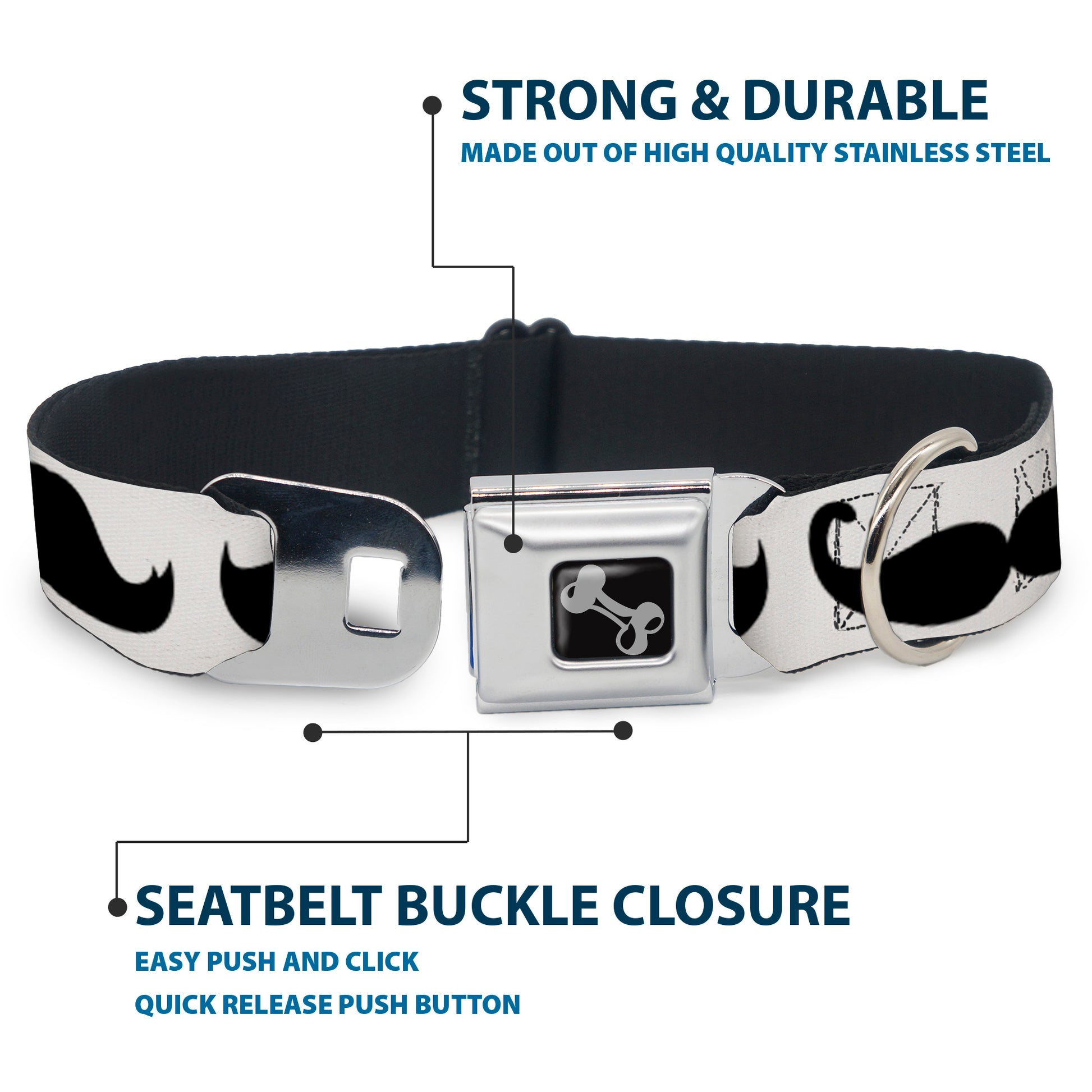 Dog Bone Seatbelt Buckle Collar - Multi Mustaches Sketch White/Black Seatbelt Buckle Collars Buckle-Down