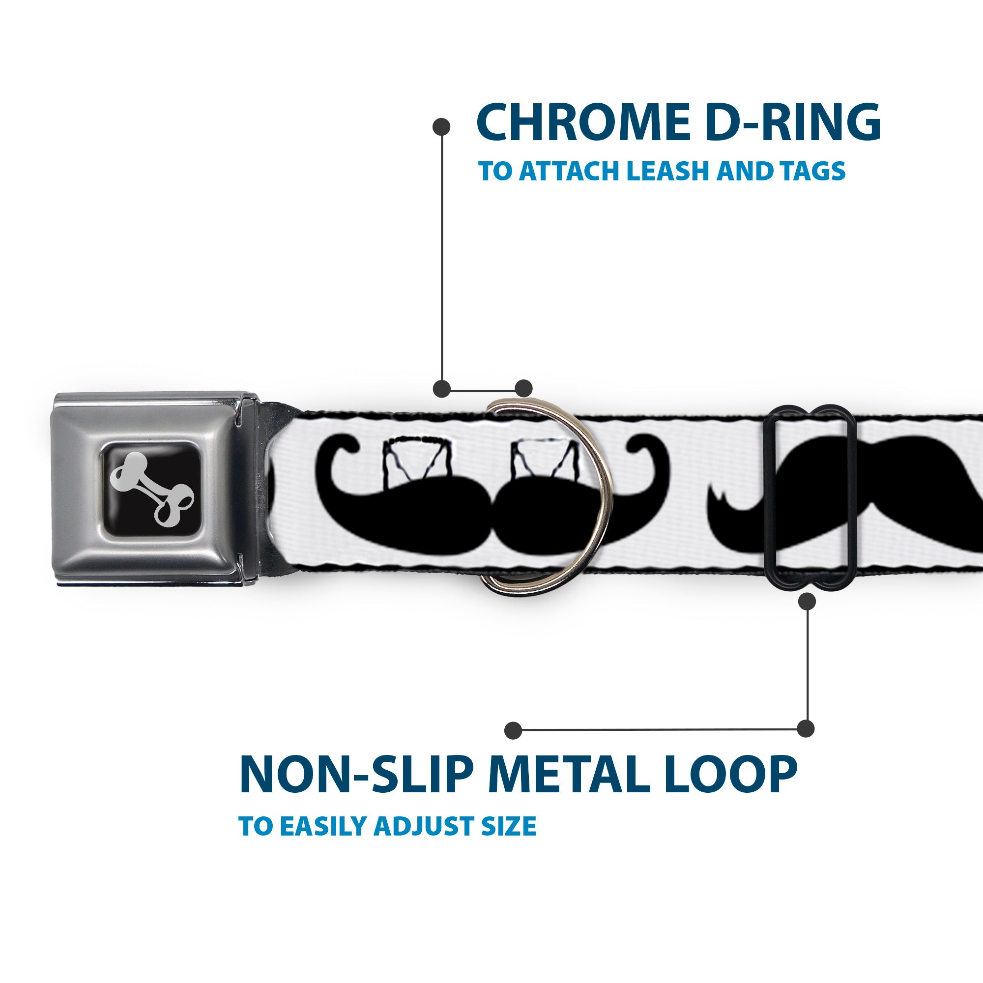 Dog Bone Seatbelt Buckle Collar - Multi Mustaches Sketch White/Black Seatbelt Buckle Collars Buckle-Down