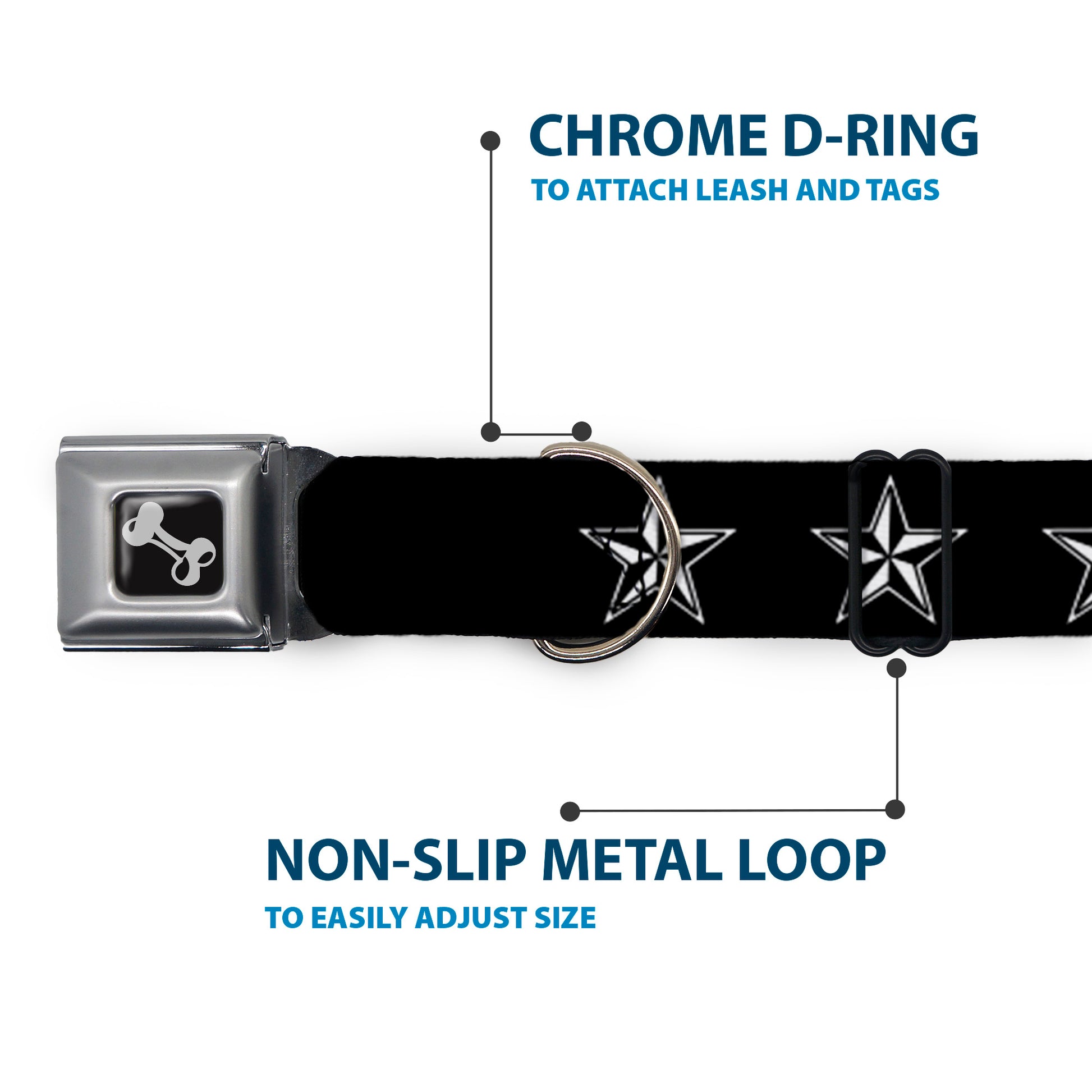 Dog Bone Seatbelt Buckle Collar - Nautical Star Black/White Seatbelt Buckle Collars Buckle-Down