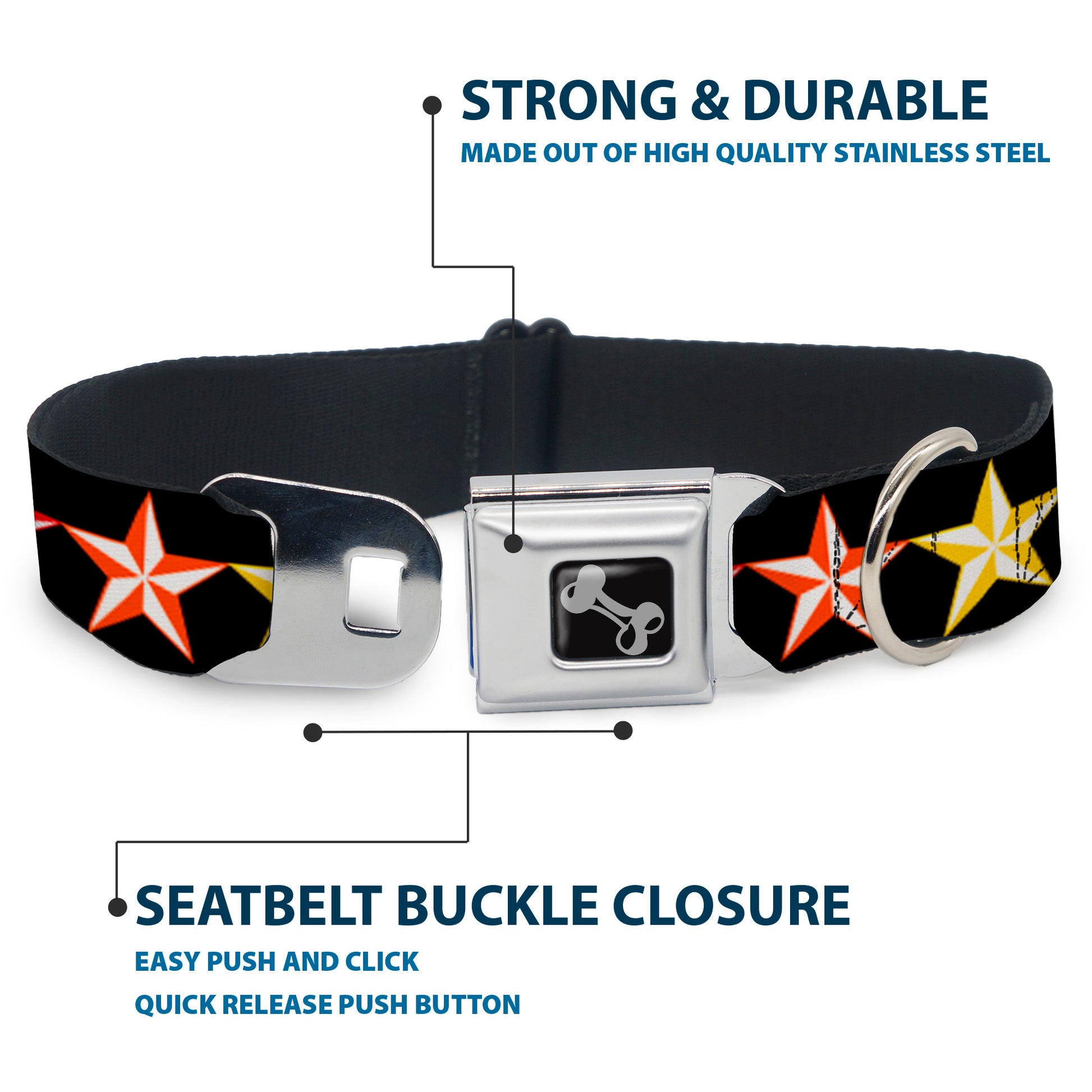 Dog Bone Seatbelt Buckle Collar - Nautical Star Black/Multi Color Seatbelt Buckle Collars Buckle-Down