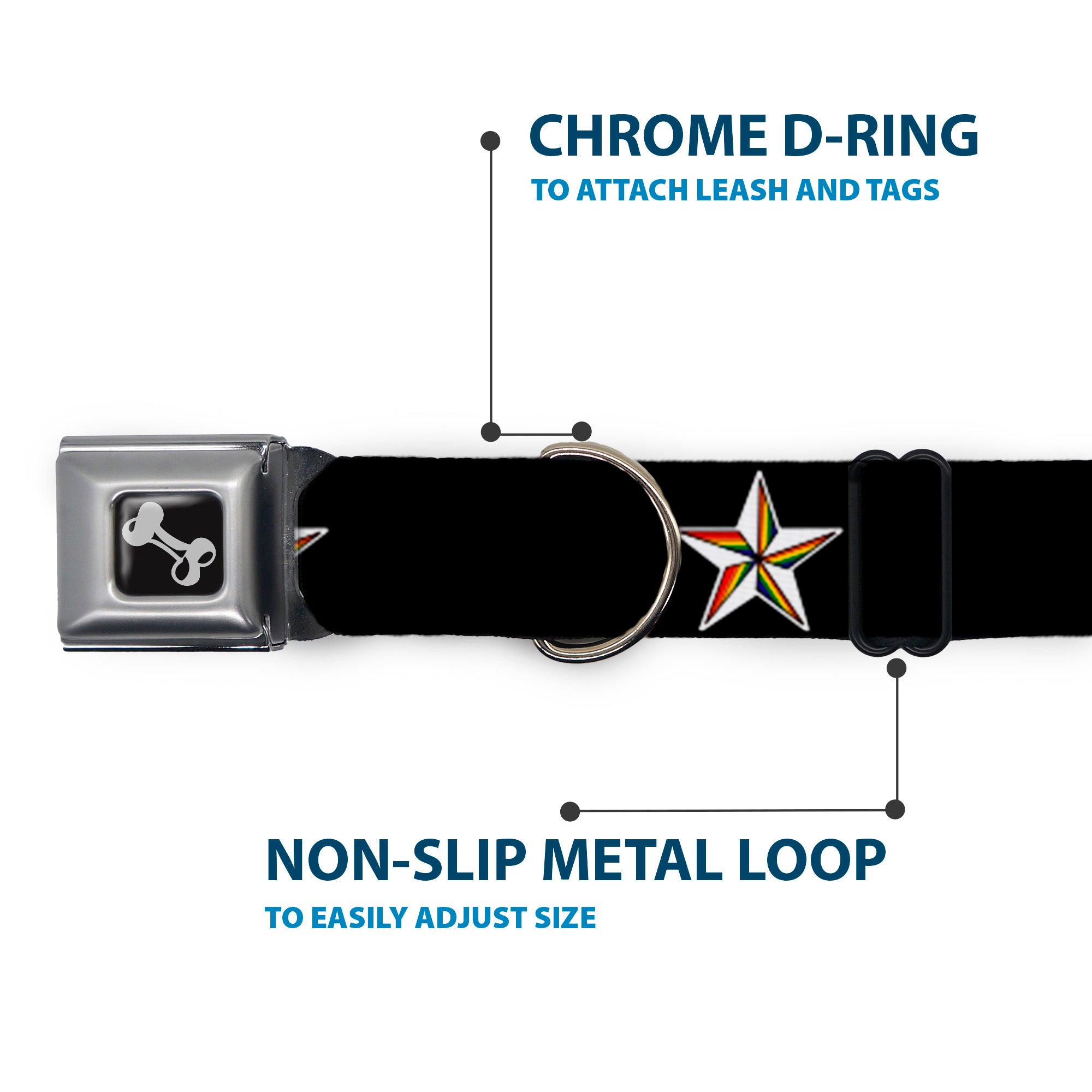 Dog Bone Seatbelt Buckle Collar - Nautical Star Black/White/Rainbow Seatbelt Buckle Collars Buckle-Down