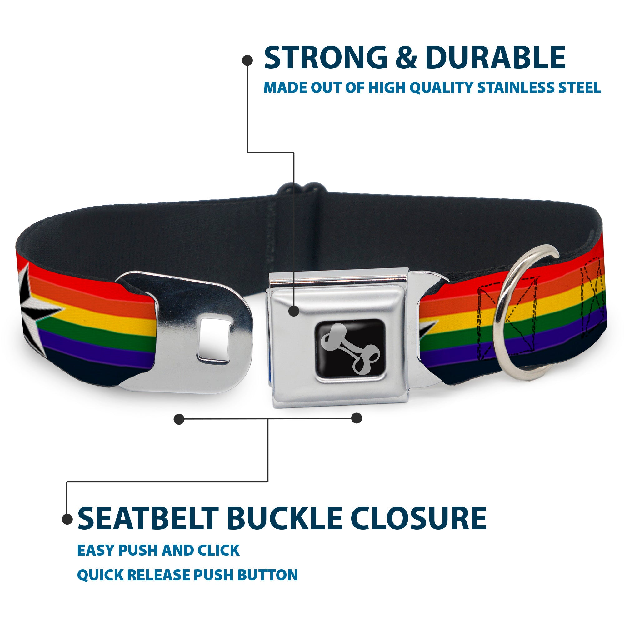 Dog Bone Seatbelt Buckle Collar - Nautical Star Rainbow/White/Black Seatbelt Buckle Collars Buckle-Down