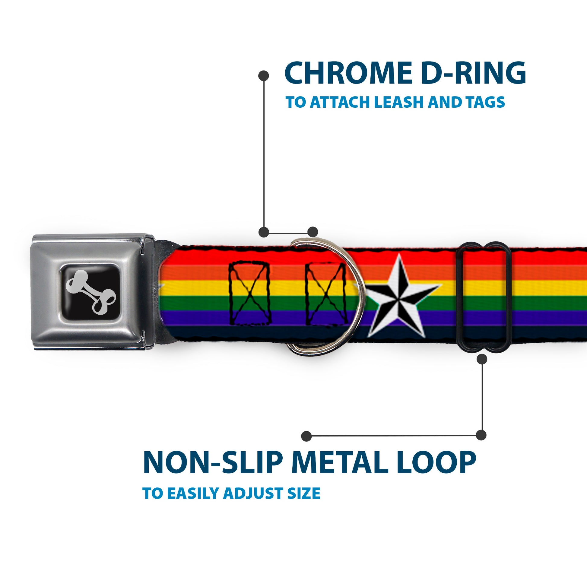 Dog Bone Seatbelt Buckle Collar - Nautical Star Rainbow/White/Black Seatbelt Buckle Collars Buckle-Down