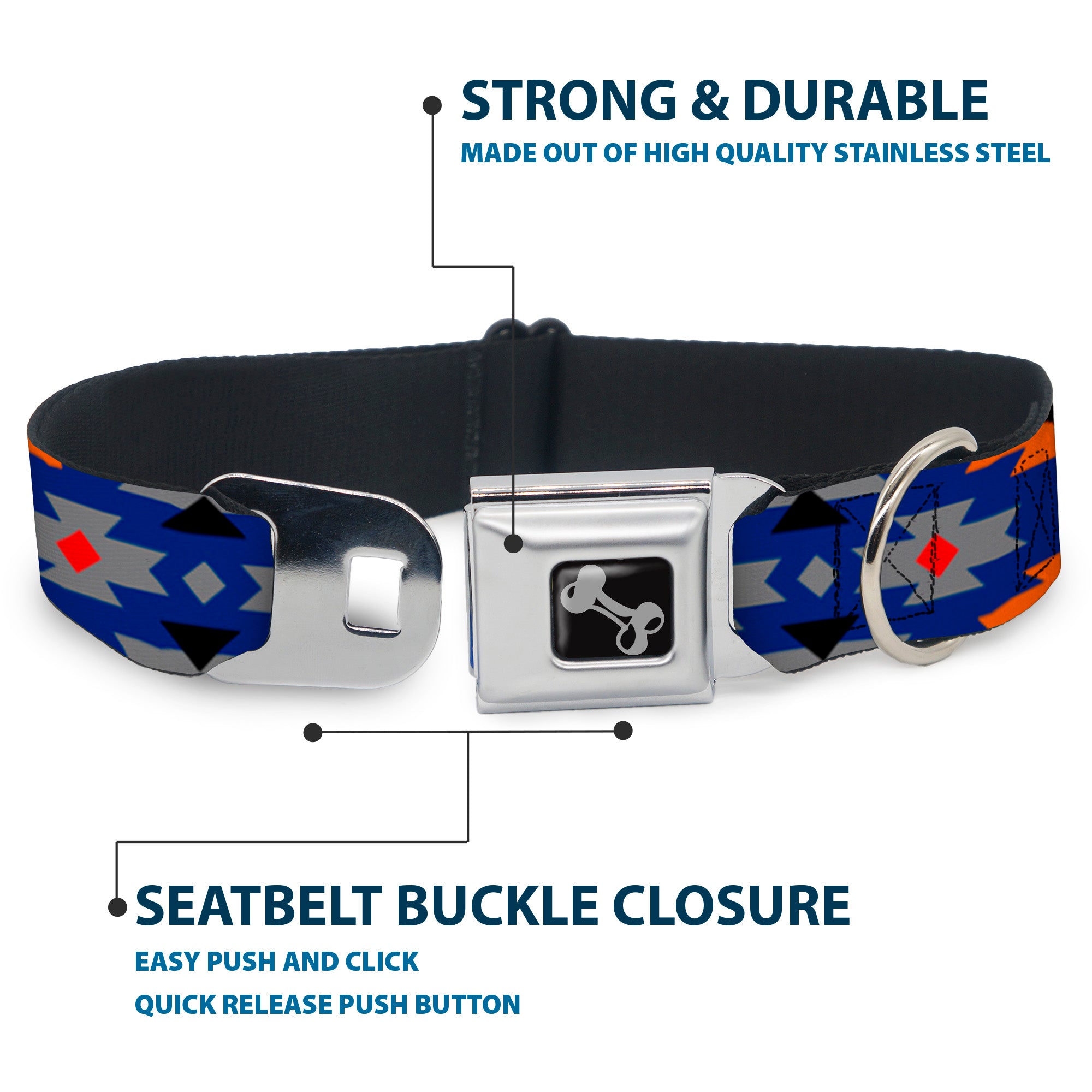 Dog Bone Seatbelt Buckle Collar - Navajo Gray/Blue/Orange/Black Seatbelt Buckle Collars Buckle-Down