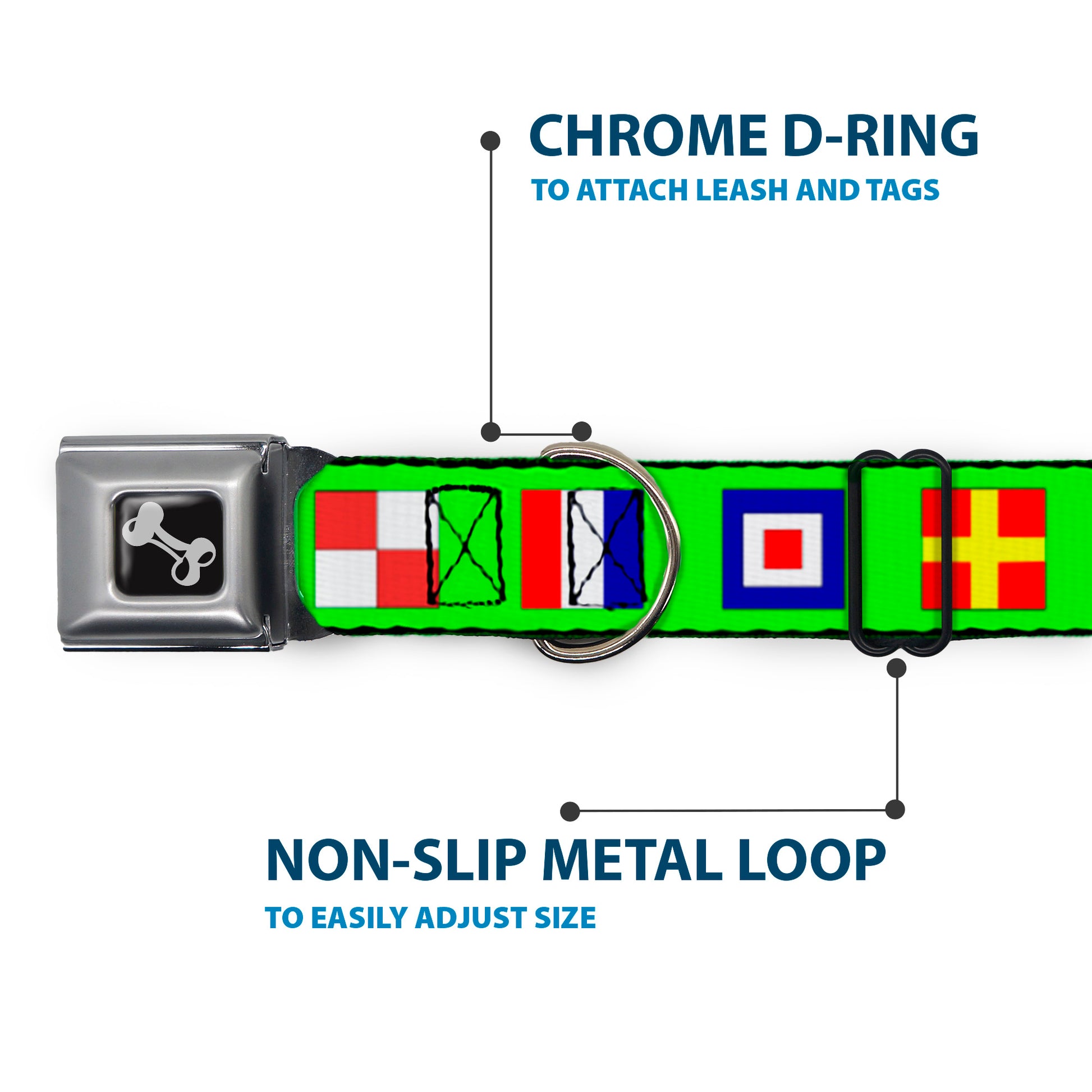 Dog Bone Seatbelt Buckle Collar - Nautical Flags Green/Multi Color Seatbelt Buckle Collars Buckle-Down