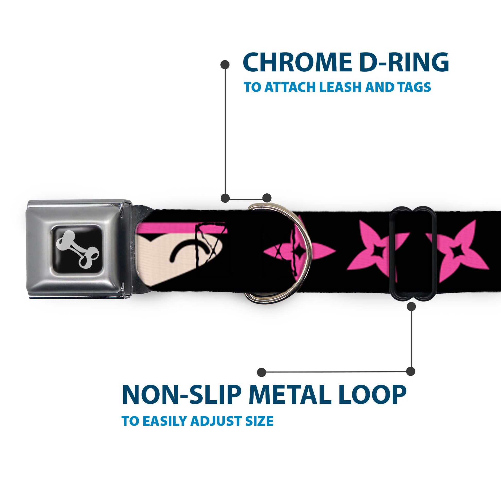 Dog Bone Seatbelt Buckle Collar - Ninja Star Black/Pink Seatbelt Buckle Collars Buckle-Down