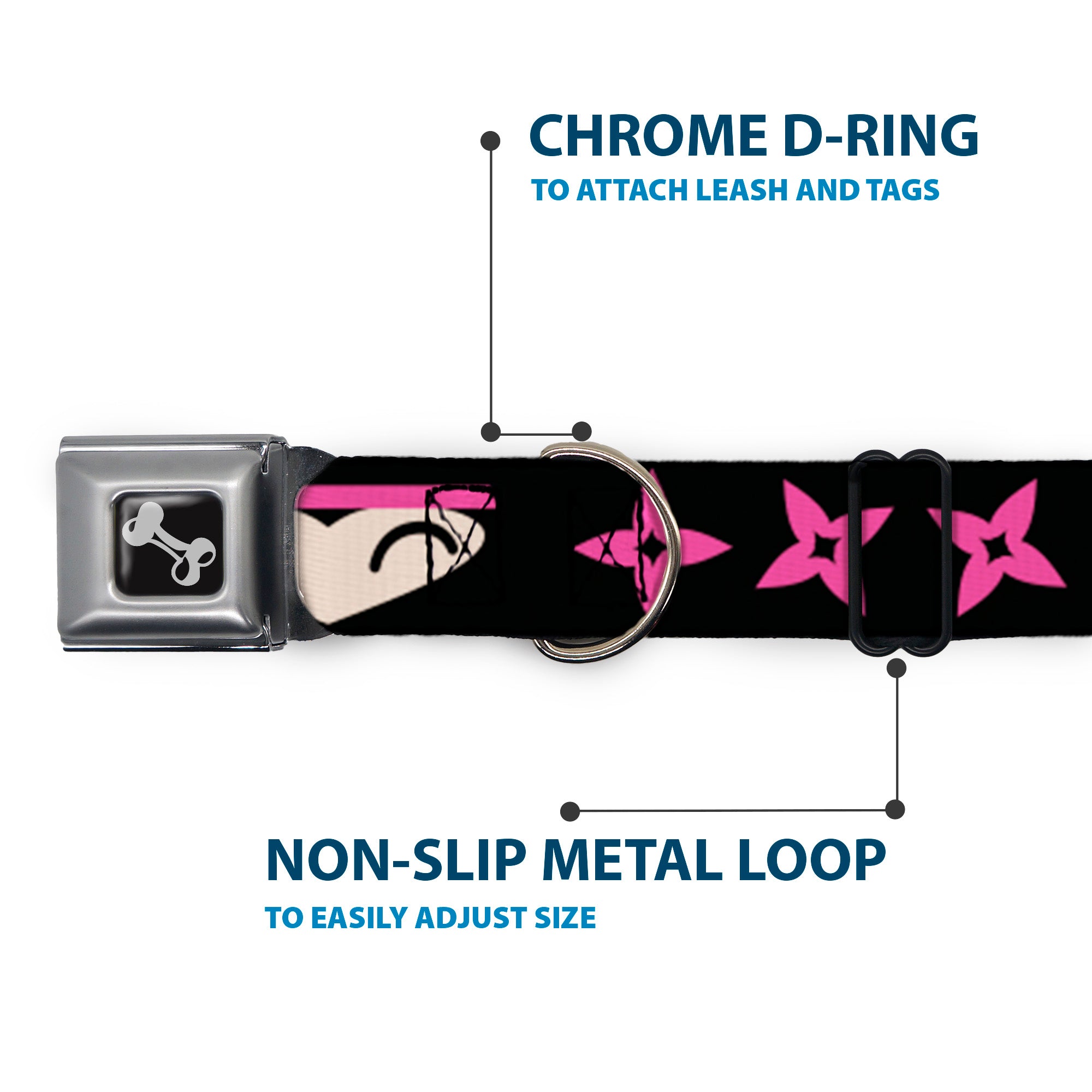 Dog Bone Seatbelt Buckle Collar - Ninja Star Black/Pink Seatbelt Buckle Collars Buckle-Down