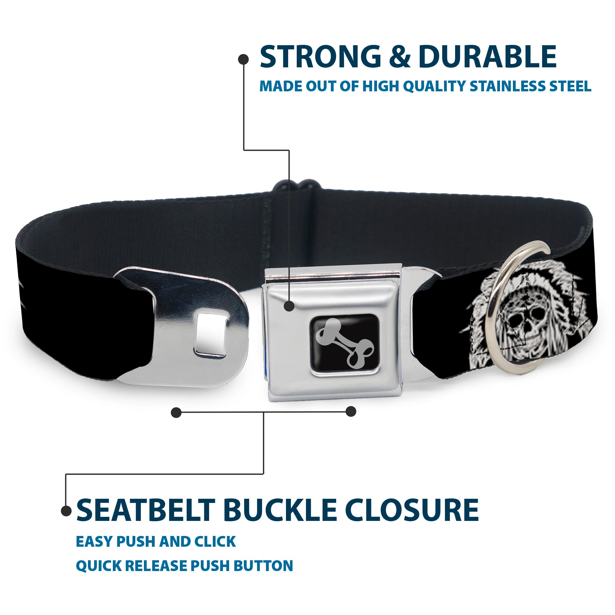 Dog Bone Seatbelt Buckle Collar - Native American Skull Black/White Seatbelt Buckle Collars Buckle-Down