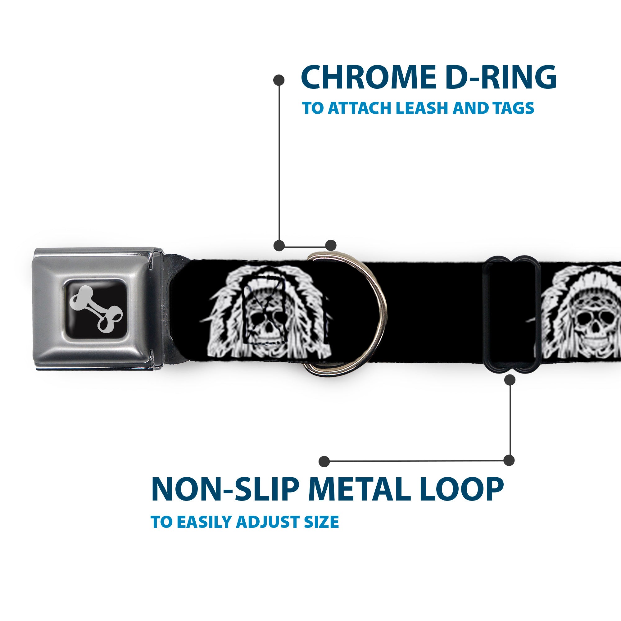 Dog Bone Seatbelt Buckle Collar - Native American Skull Black/White Seatbelt Buckle Collars Buckle-Down