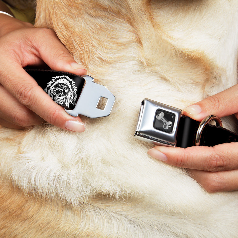 Dog Bone Seatbelt Buckle Collar - Native American Skull Black/White Seatbelt Buckle Collars Buckle-Down