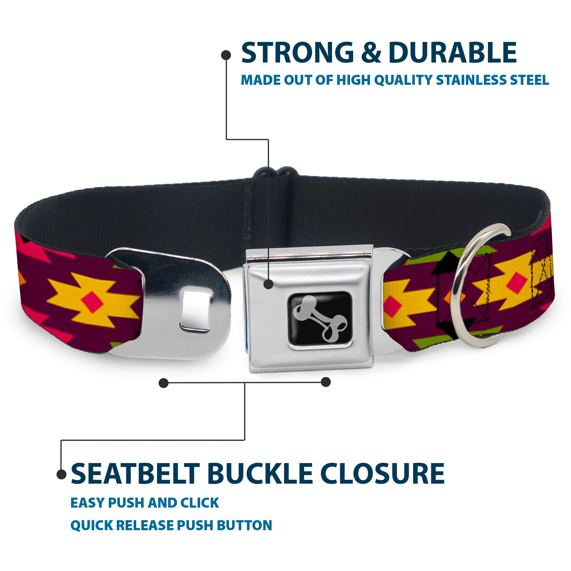 Dog Bone Seatbelt Buckle Collar - Navajo Orange/Purple/Yellow/Pink/Green/Black Seatbelt Buckle Collars Buckle-Down