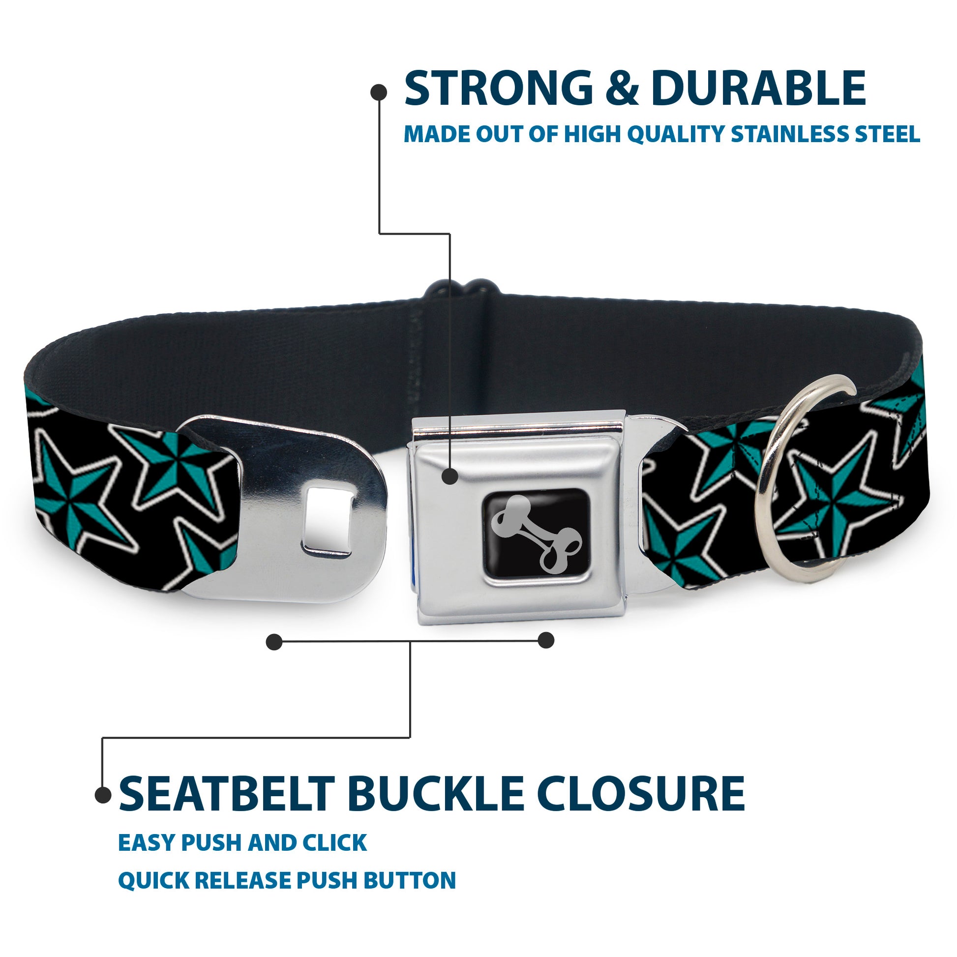 Dog Bone Seatbelt Buckle Collar - Nautical Stars Scattered Black/Turquoise Seatbelt Buckle Collars Buckle-Down