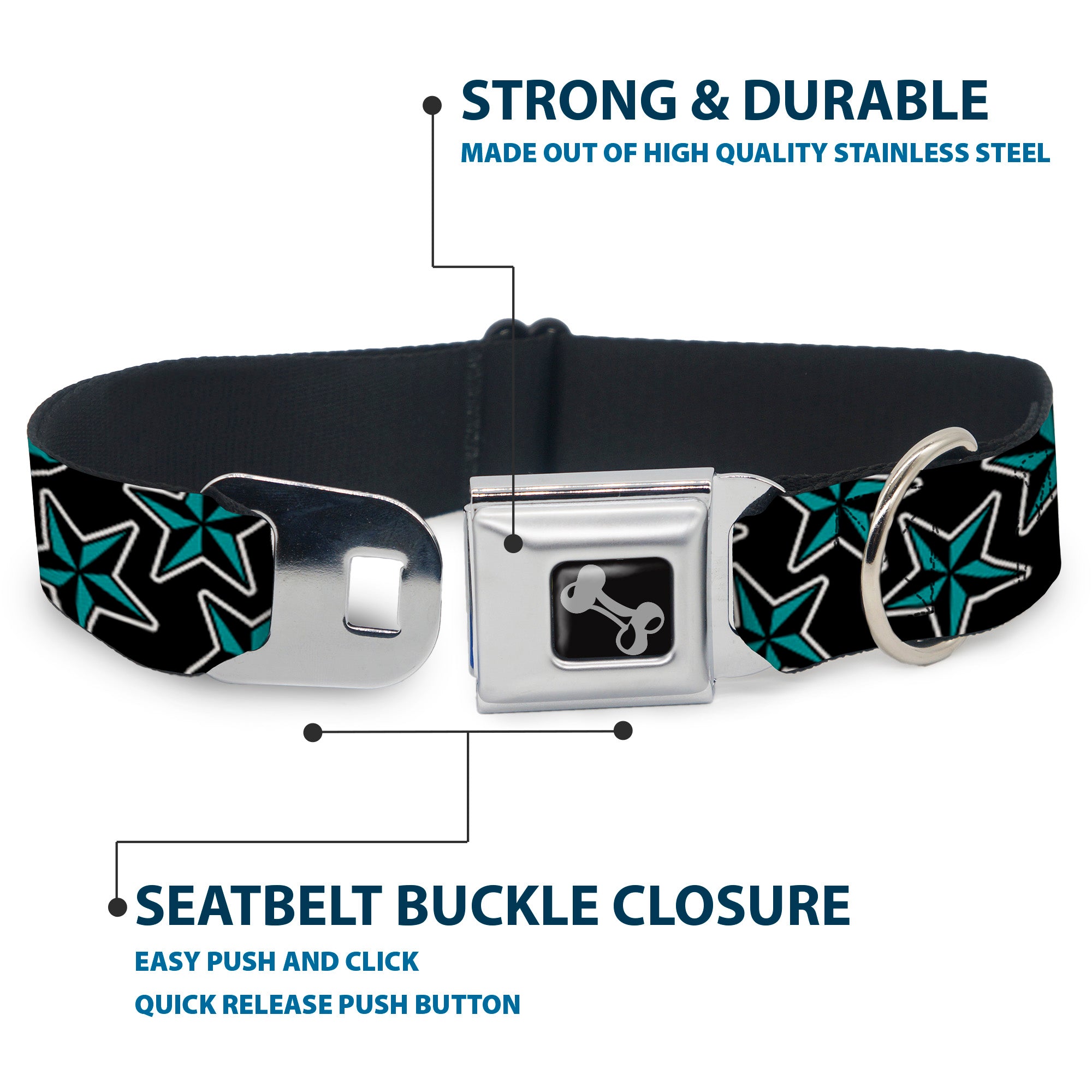 Dog Bone Seatbelt Buckle Collar - Nautical Stars Scattered Black/Turquoise Seatbelt Buckle Collars Buckle-Down