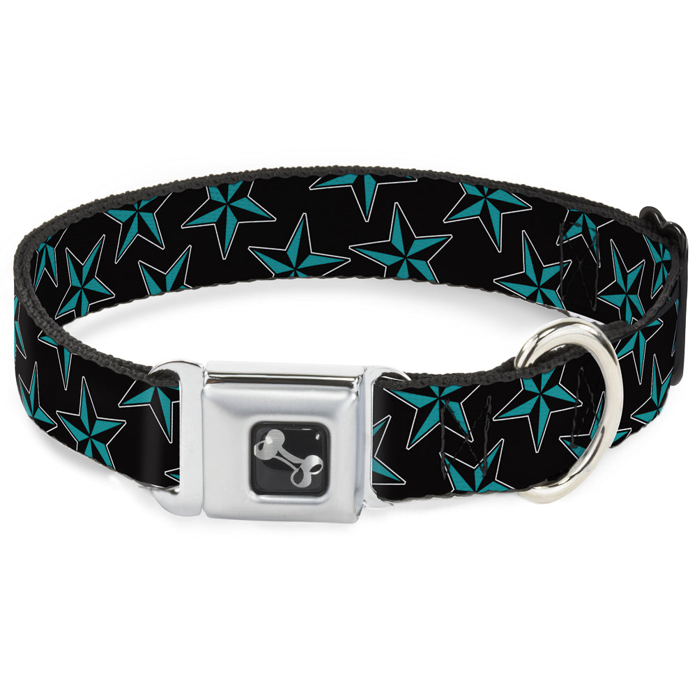 Dog Bone Seatbelt Buckle Collar - Nautical Stars Scattered Black/Turquoise Seatbelt Buckle Collars Buckle-Down