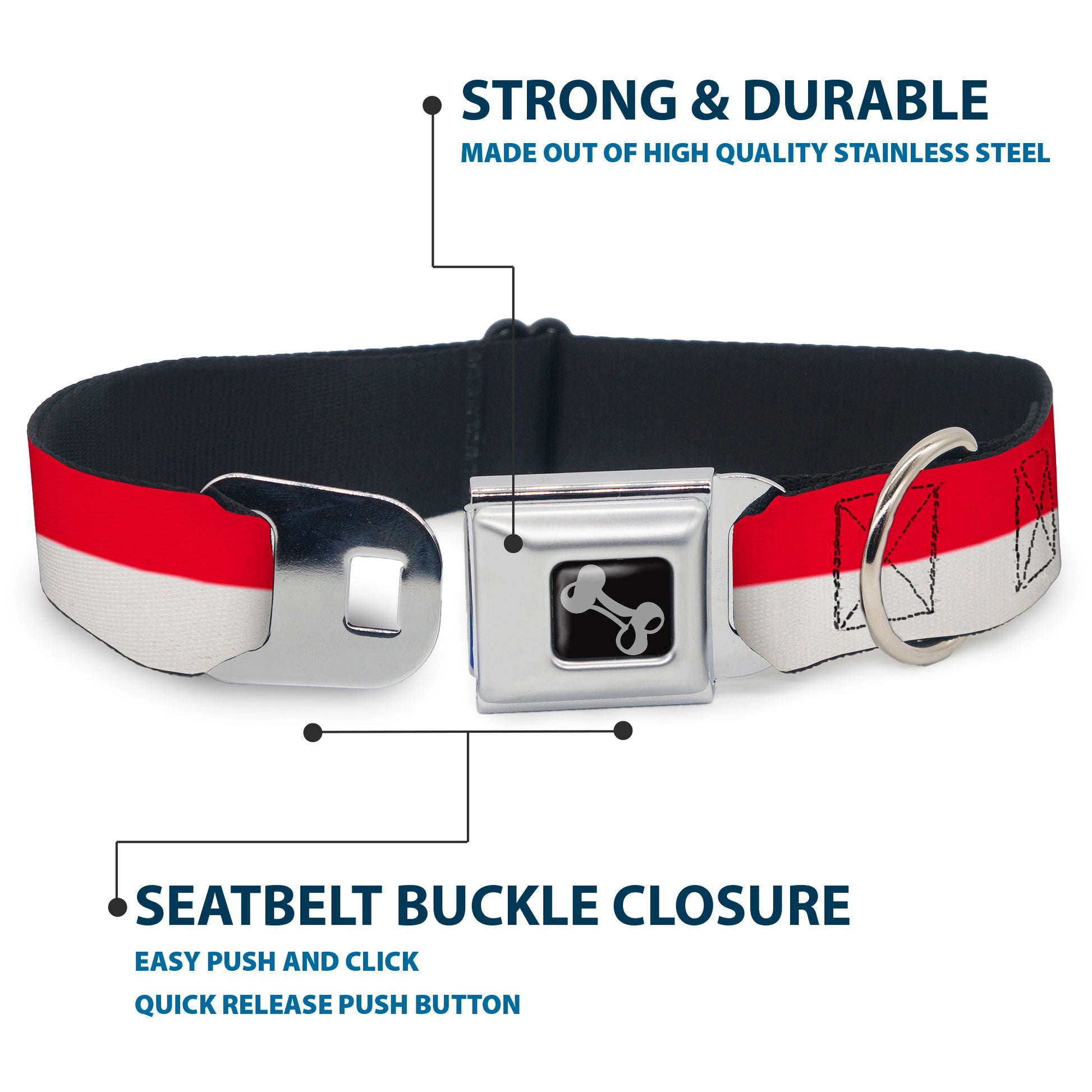 Dog Bone Seatbelt Buckle Collar - North Carolina Flag Stripe Red/White Seatbelt Buckle Collars Buckle-Down