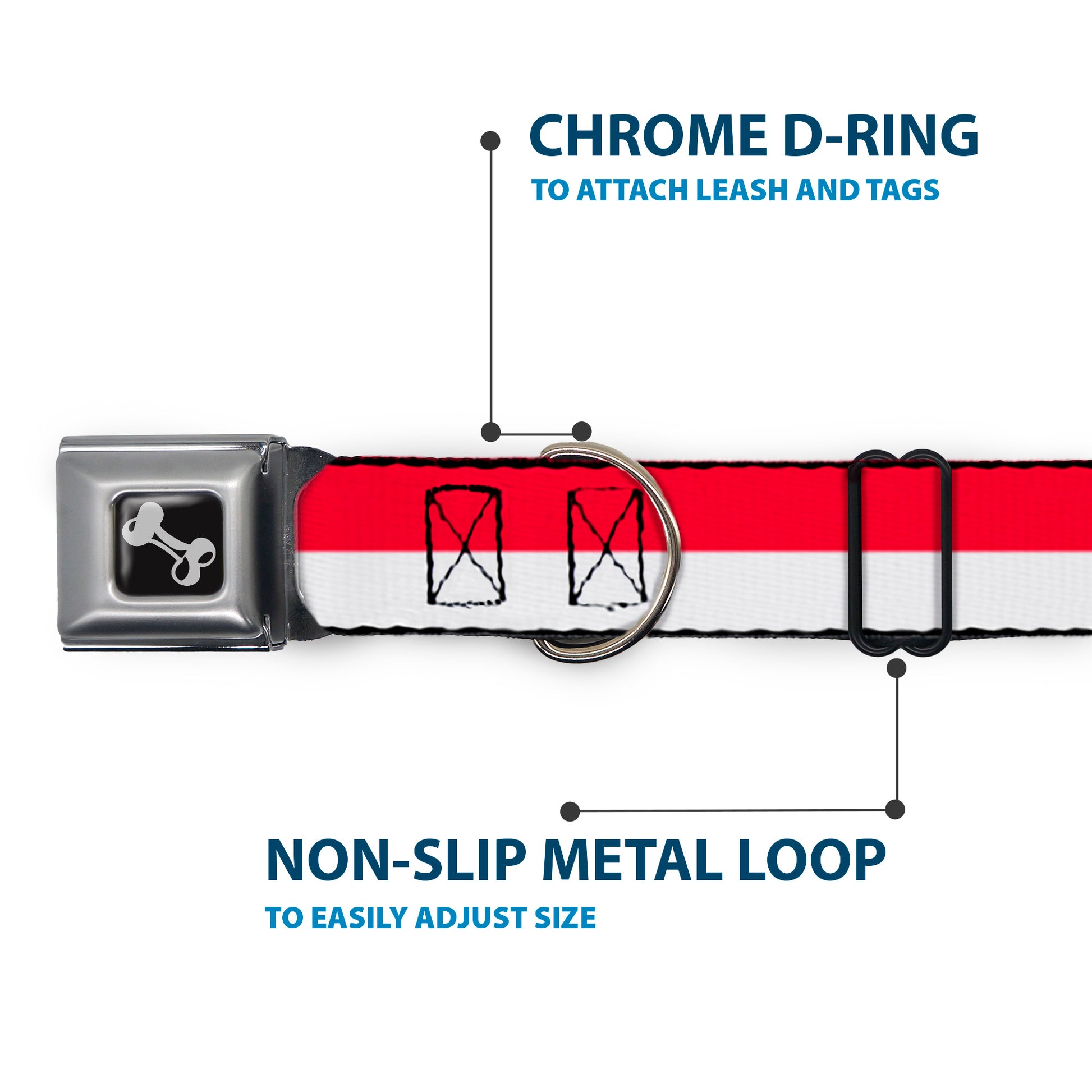 Dog Bone Seatbelt Buckle Collar - North Carolina Flag Stripe Red/White Seatbelt Buckle Collars Buckle-Down