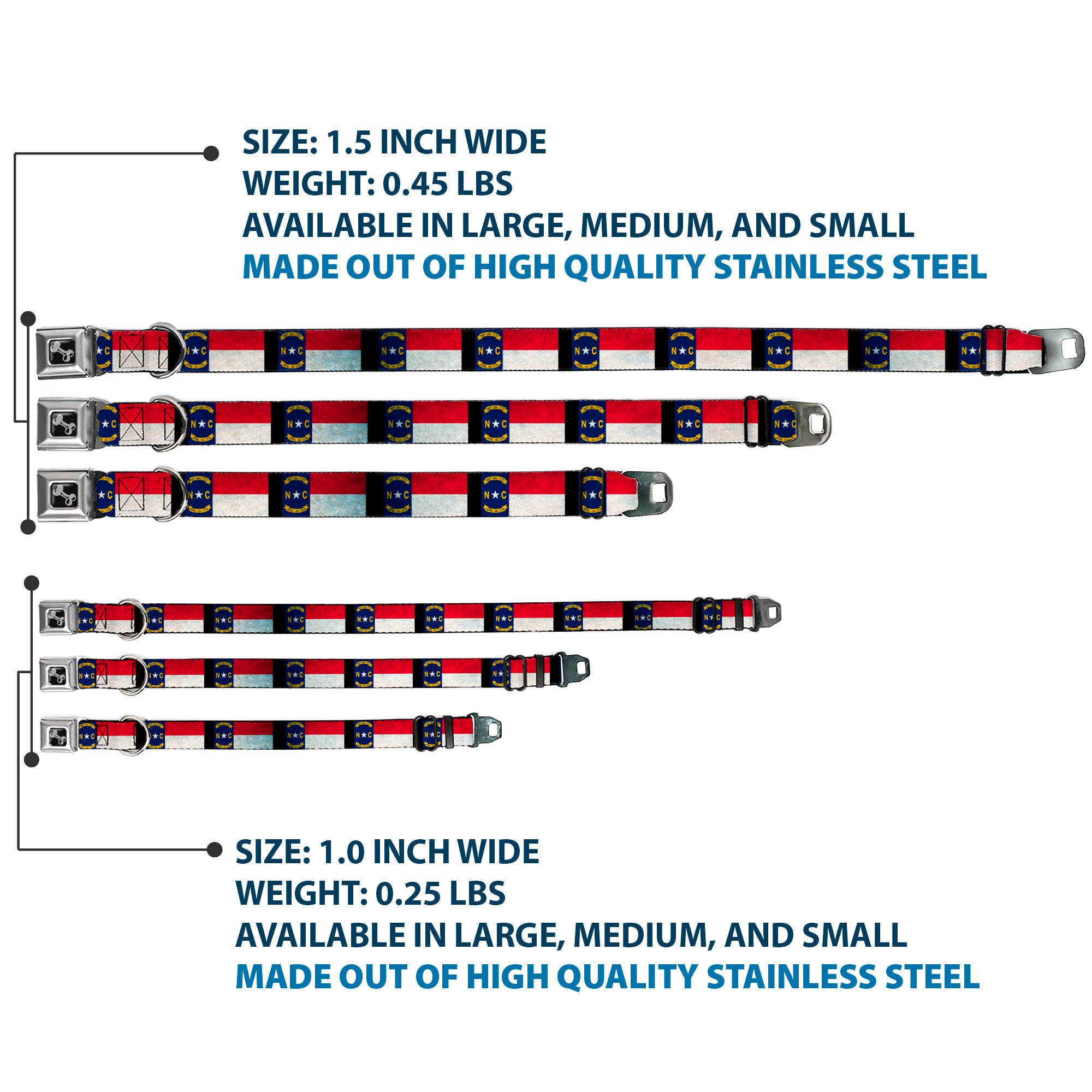 Dog Bone Seatbelt Buckle Collar - North Carolina Flag Distressed/Black Seatbelt Buckle Collars Buckle-Down