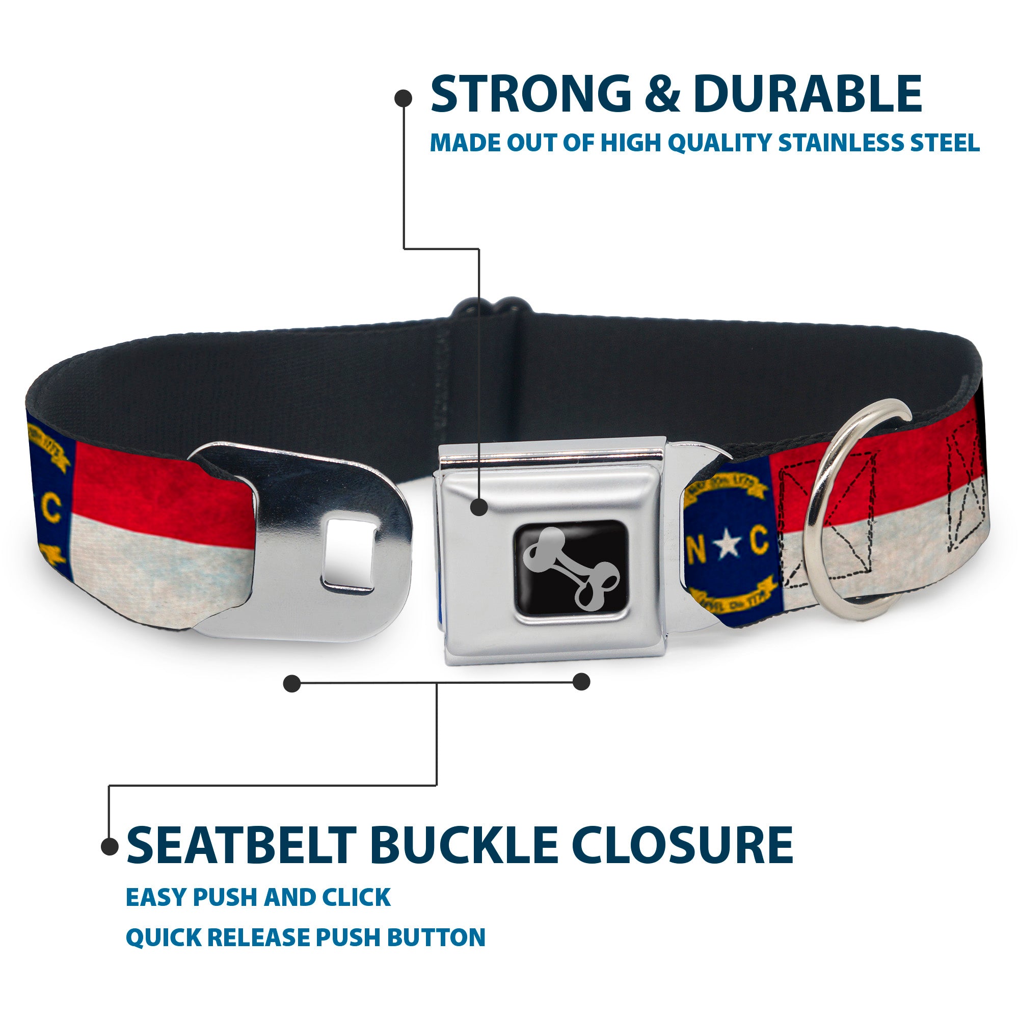 Dog Bone Seatbelt Buckle Collar - North Carolina Flag Distressed/Black Seatbelt Buckle Collars Buckle-Down