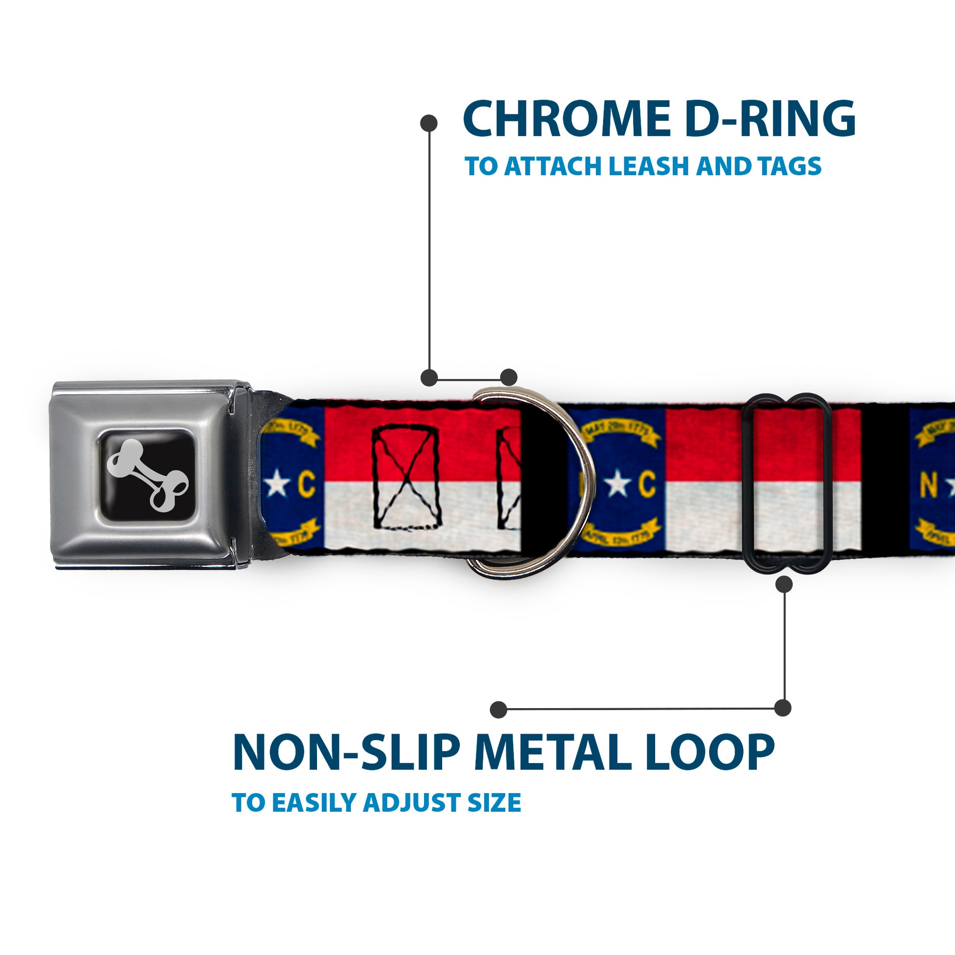 Dog Bone Seatbelt Buckle Collar - North Carolina Flag Distressed/Black Seatbelt Buckle Collars Buckle-Down