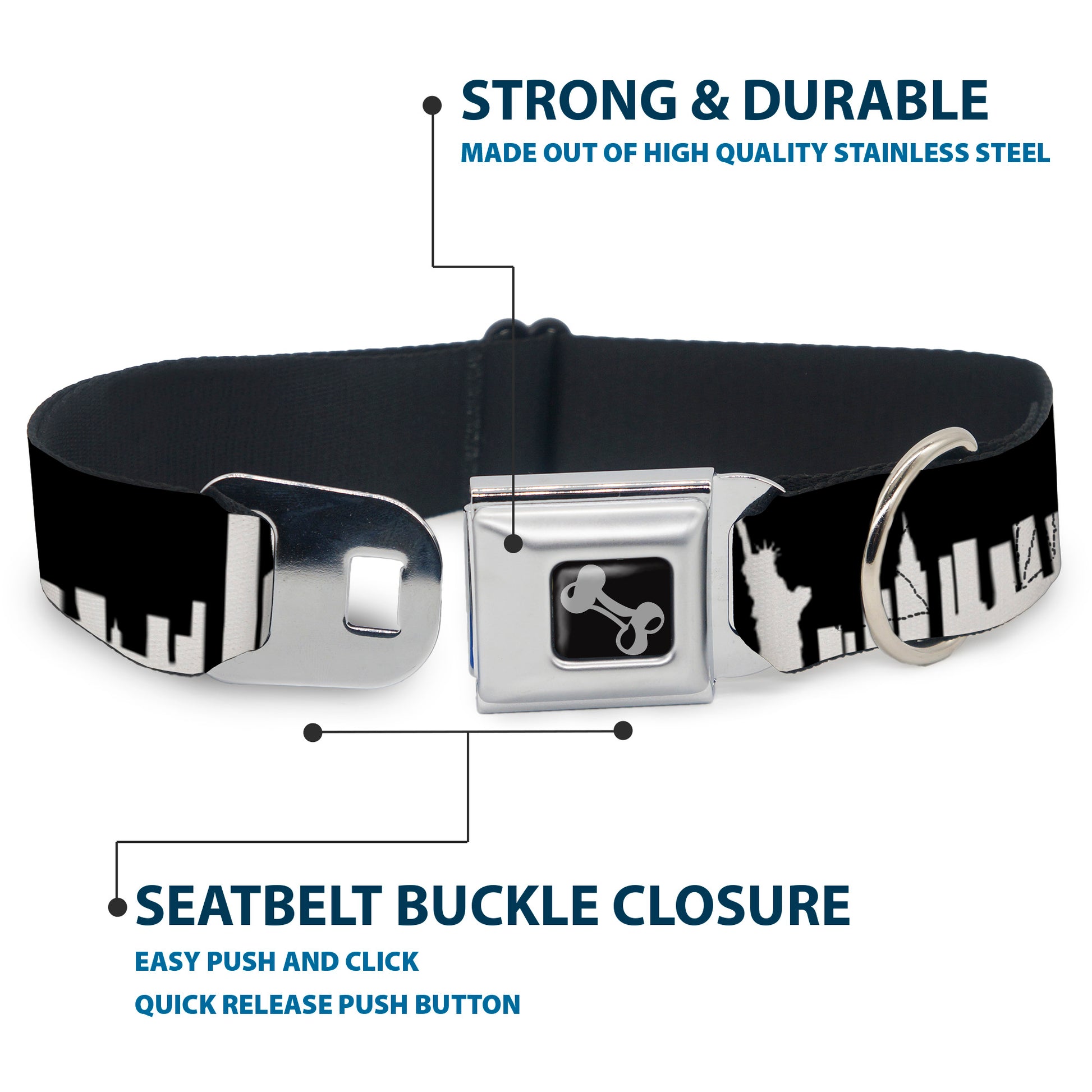 Dog Bone Seatbelt Buckle Collar - New York Solid Skyline Black/White Seatbelt Buckle Collars Buckle-Down