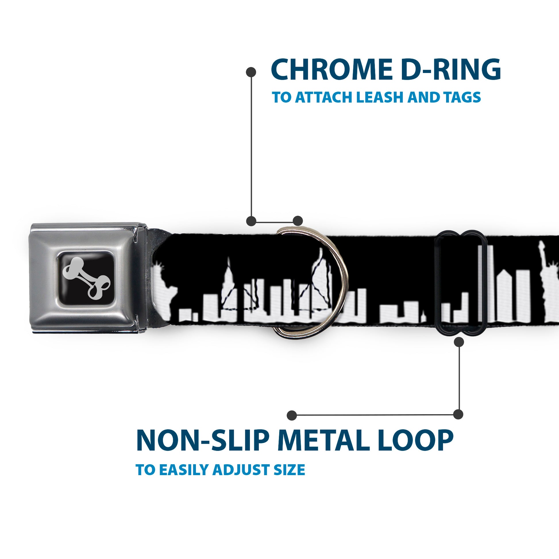 Dog Bone Seatbelt Buckle Collar - New York Solid Skyline Black/White Seatbelt Buckle Collars Buckle-Down