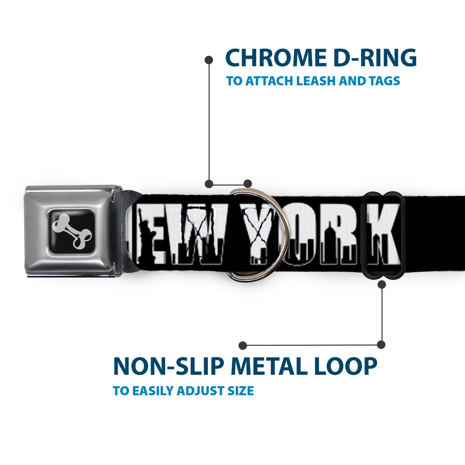 Dog Bone Seatbelt Buckle Collar - NEW YORK Bold/Skyline Silhouette Black/White/Black Seatbelt Buckle Collars Buckle-Down