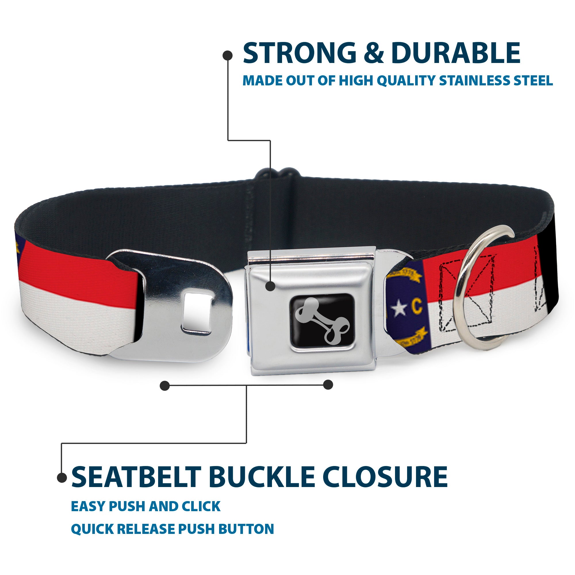 Dog Bone Seatbelt Buckle Collar - North Carolina Flag/Black Seatbelt Buckle Collars Buckle-Down