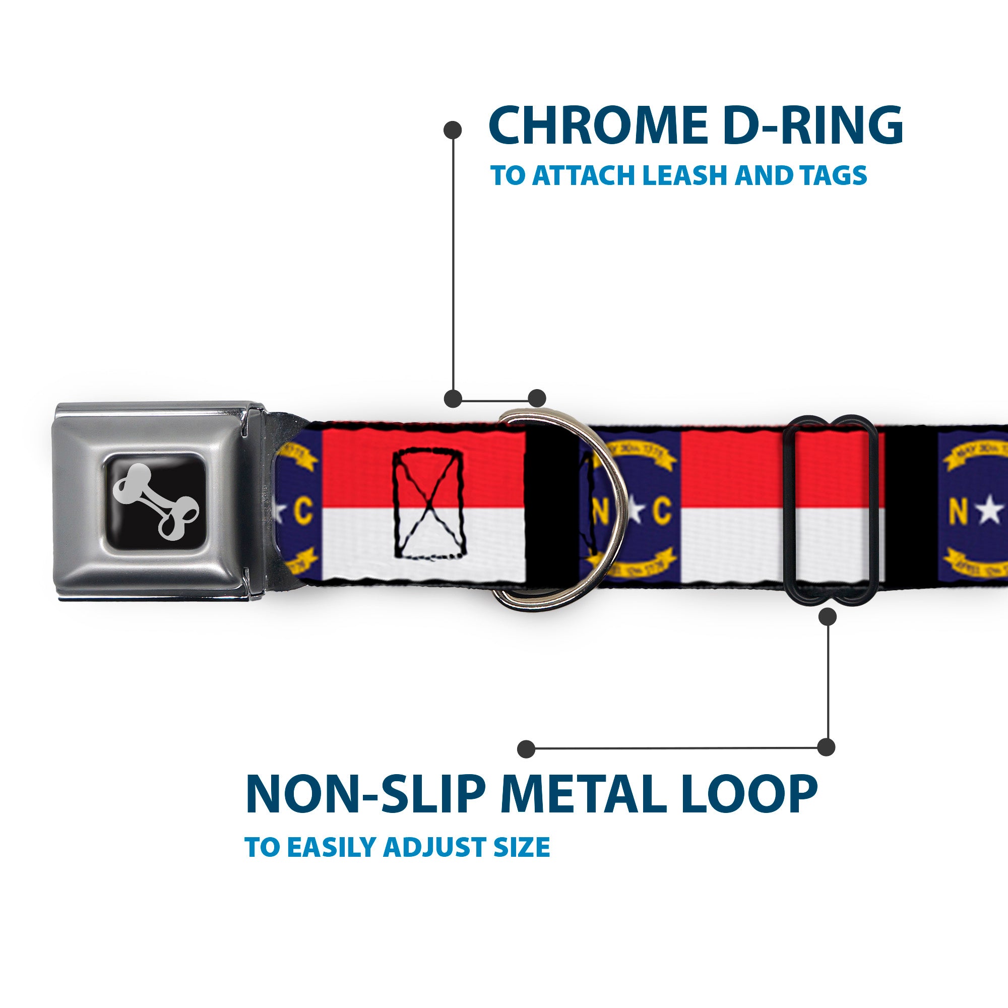 Dog Bone Seatbelt Buckle Collar - North Carolina Flag/Black Seatbelt Buckle Collars Buckle-Down