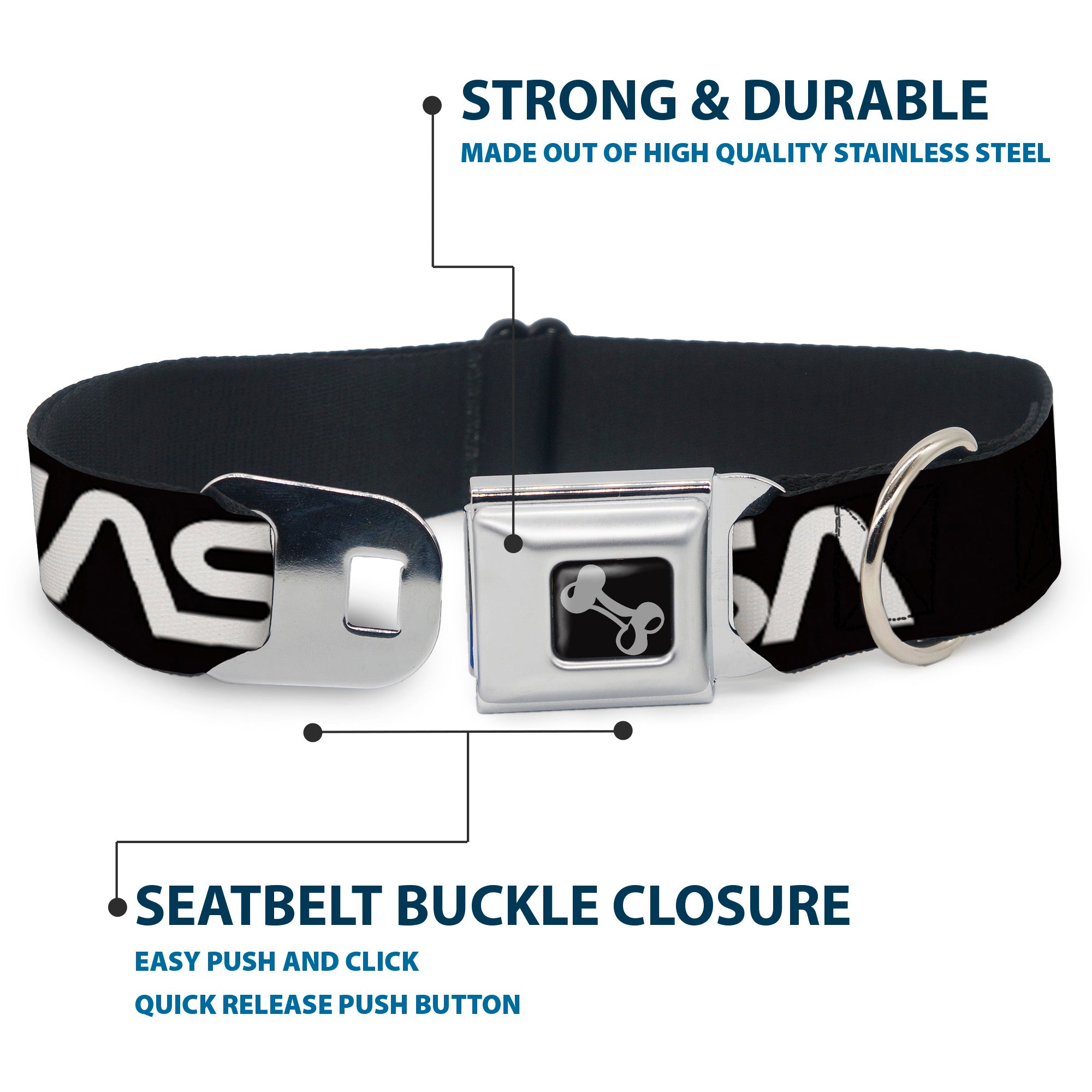 Dog Bone Black/Silver Seatbelt Buckle Collar - NASA Text Black/White Seatbelt Buckle Collars Buckle-Down