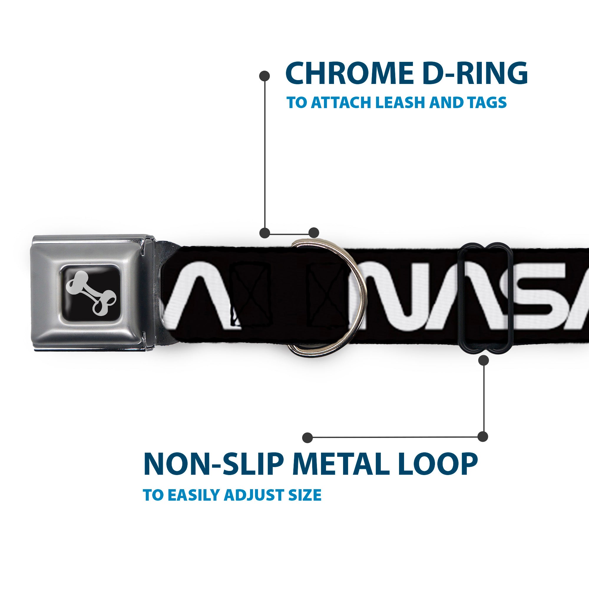 Dog Bone Black/Silver Seatbelt Buckle Collar - NASA Text Black/White Seatbelt Buckle Collars Buckle-Down