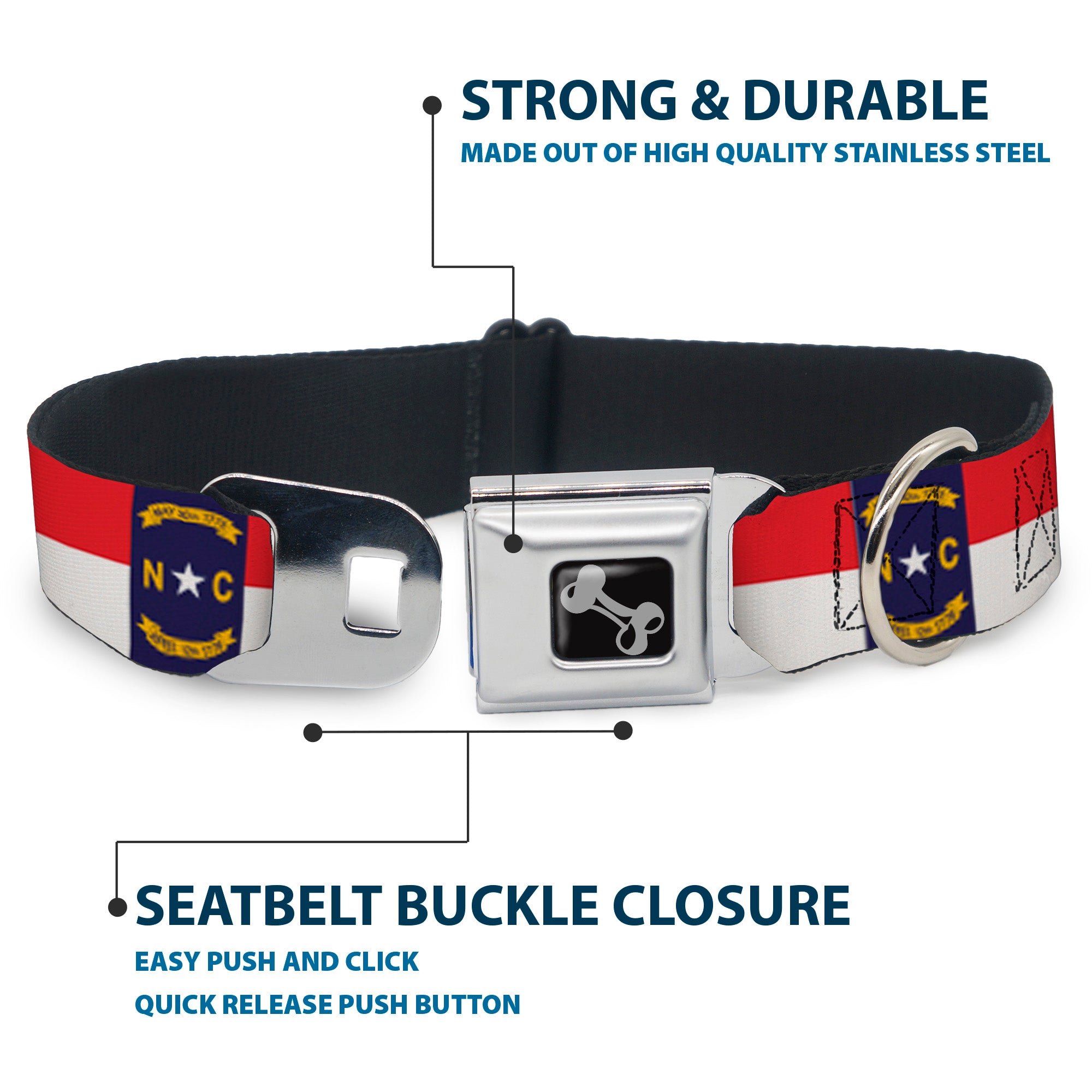 Dog Bone Black/Silver Seatbelt Buckle Collar - North Carolina Flag Continuous Repeat Seatbelt Buckle Collars Buckle-Down