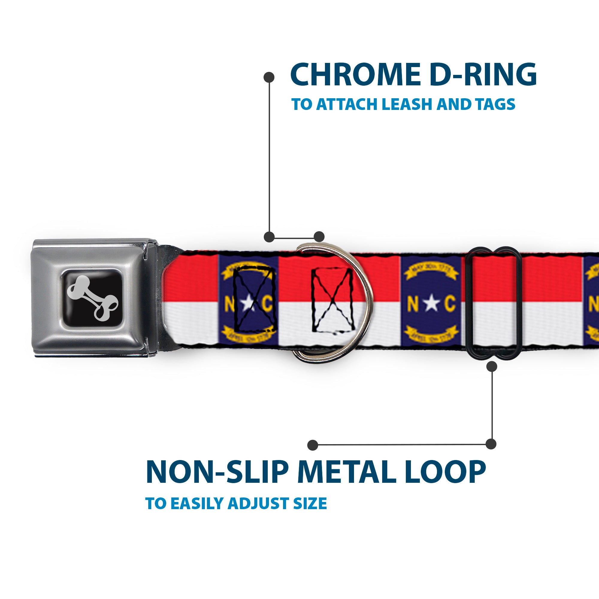 Dog Bone Black/Silver Seatbelt Buckle Collar - North Carolina Flag Continuous Repeat Seatbelt Buckle Collars Buckle-Down