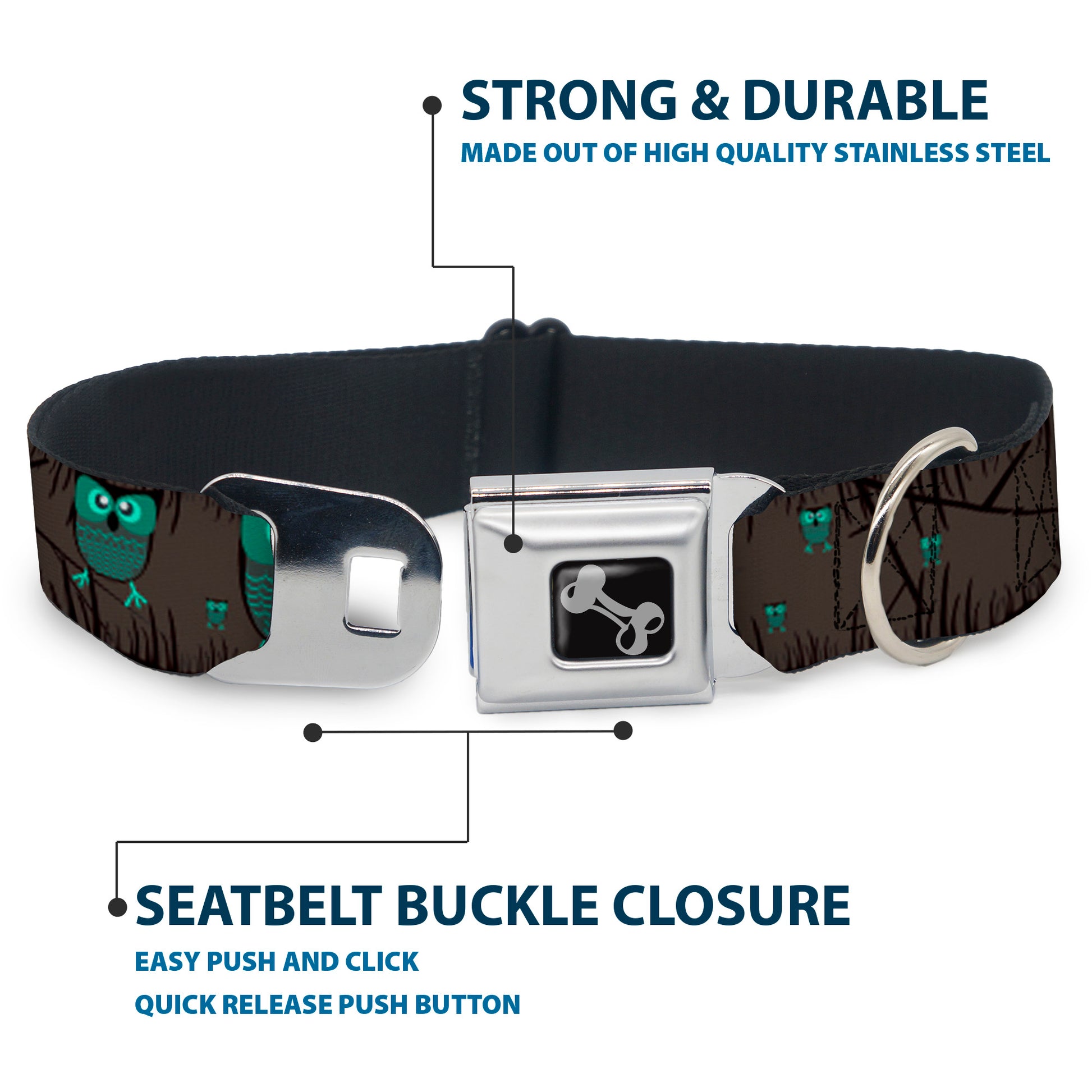 Dog Bone Seatbelt Buckle Collar - Owls in Trees Turquoise Seatbelt Buckle Collars Buckle-Down