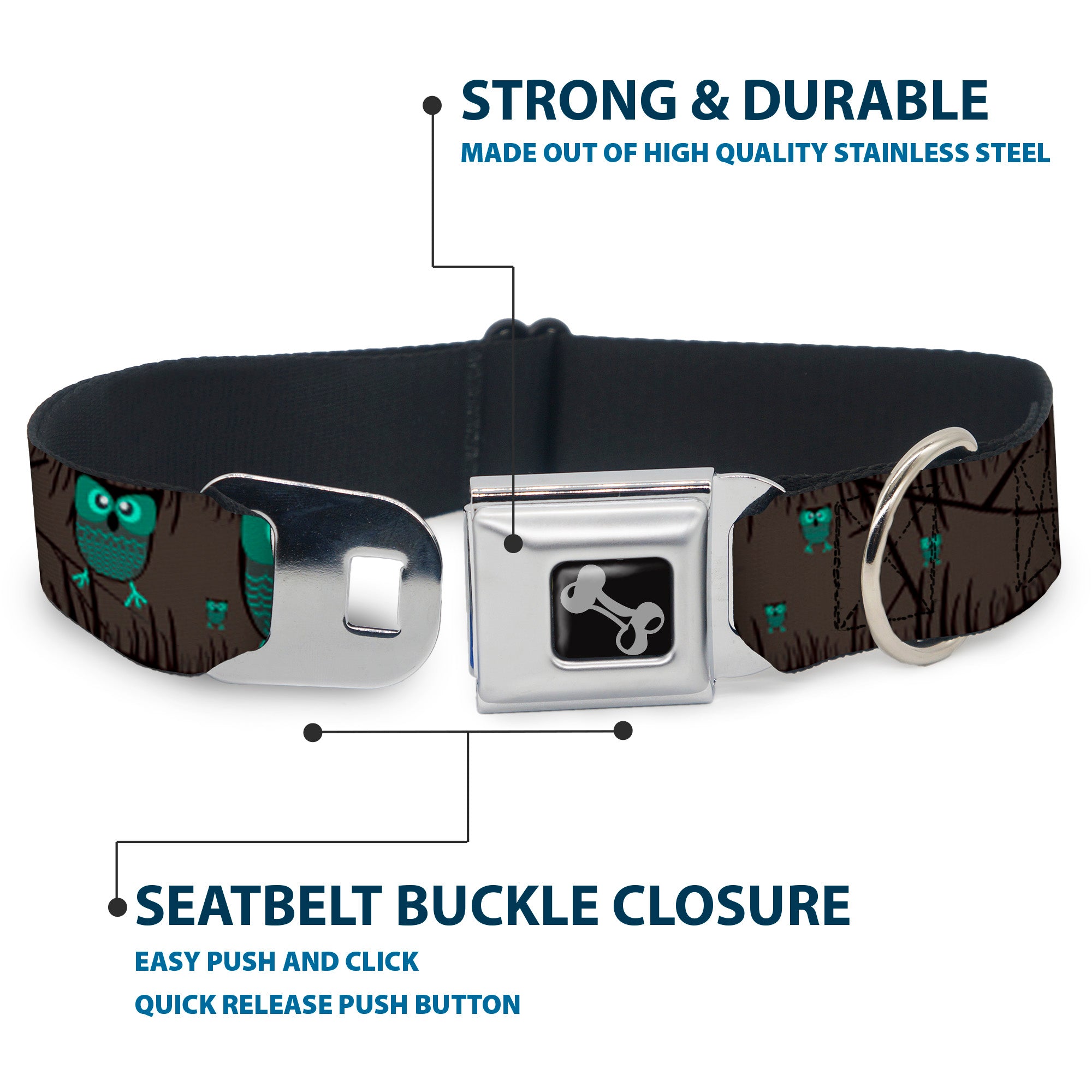Dog Bone Seatbelt Buckle Collar - Owls in Trees Turquoise Seatbelt Buckle Collars Buckle-Down