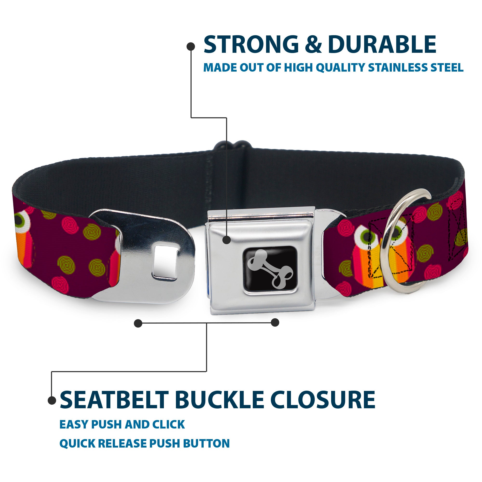 Dog Bone Seatbelt Buckle Collar - Owls Striped w/Swirls Purple Seatbelt Buckle Collars Buckle-Down