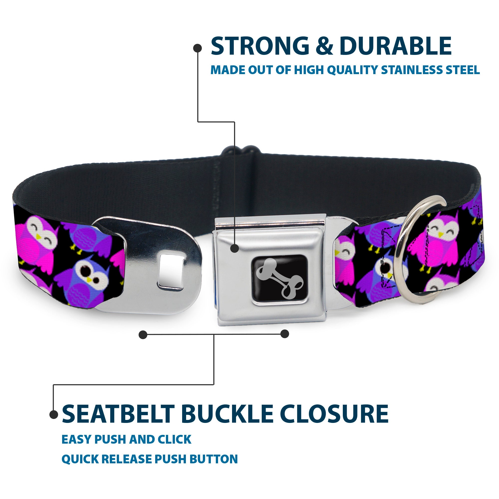Dog Bone Seatbelt Buckle Collar - Owl Eyes Black/Purples/Pinks Seatbelt Buckle Collars Buckle-Down