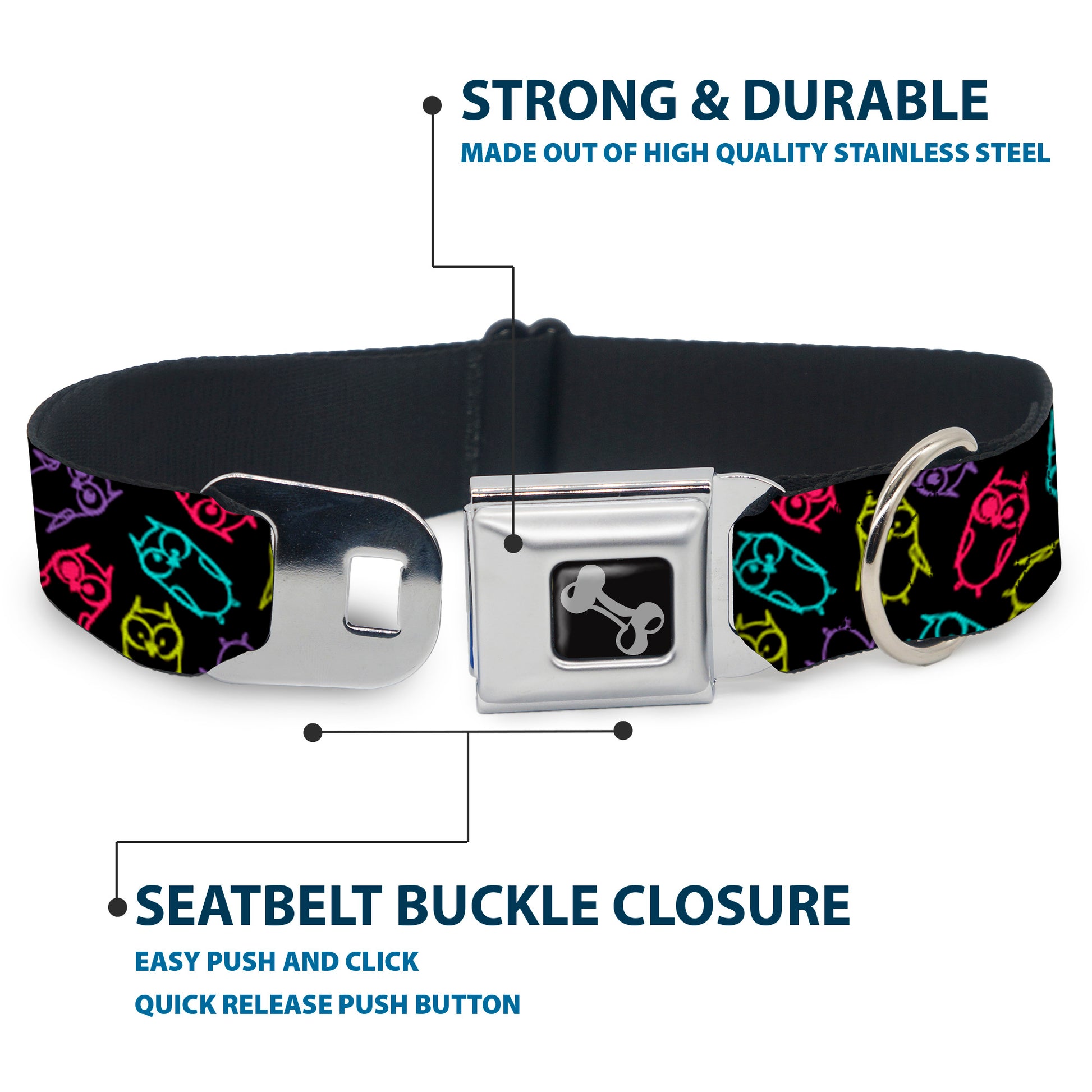 Dog Bone Seatbelt Buckle Collar - Owl Sketch Black/Multi Color Seatbelt Buckle Collars Buckle-Down