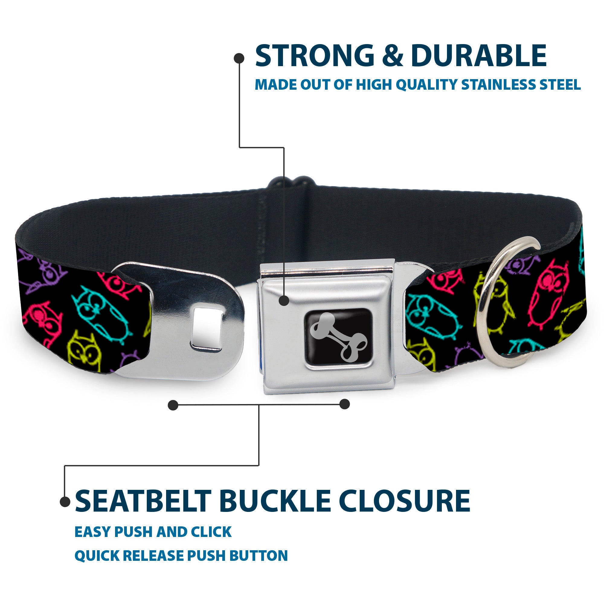 Dog Bone Seatbelt Buckle Collar - Owl Sketch Black/Multi Color Seatbelt Buckle Collars Buckle-Down