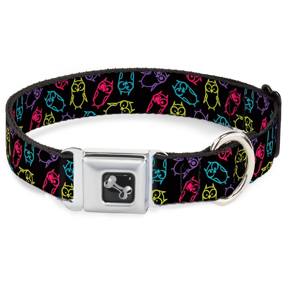 Dog Bone Seatbelt Buckle Collar - Owl Sketch Black/Multi Color Seatbelt Buckle Collars Buckle-Down