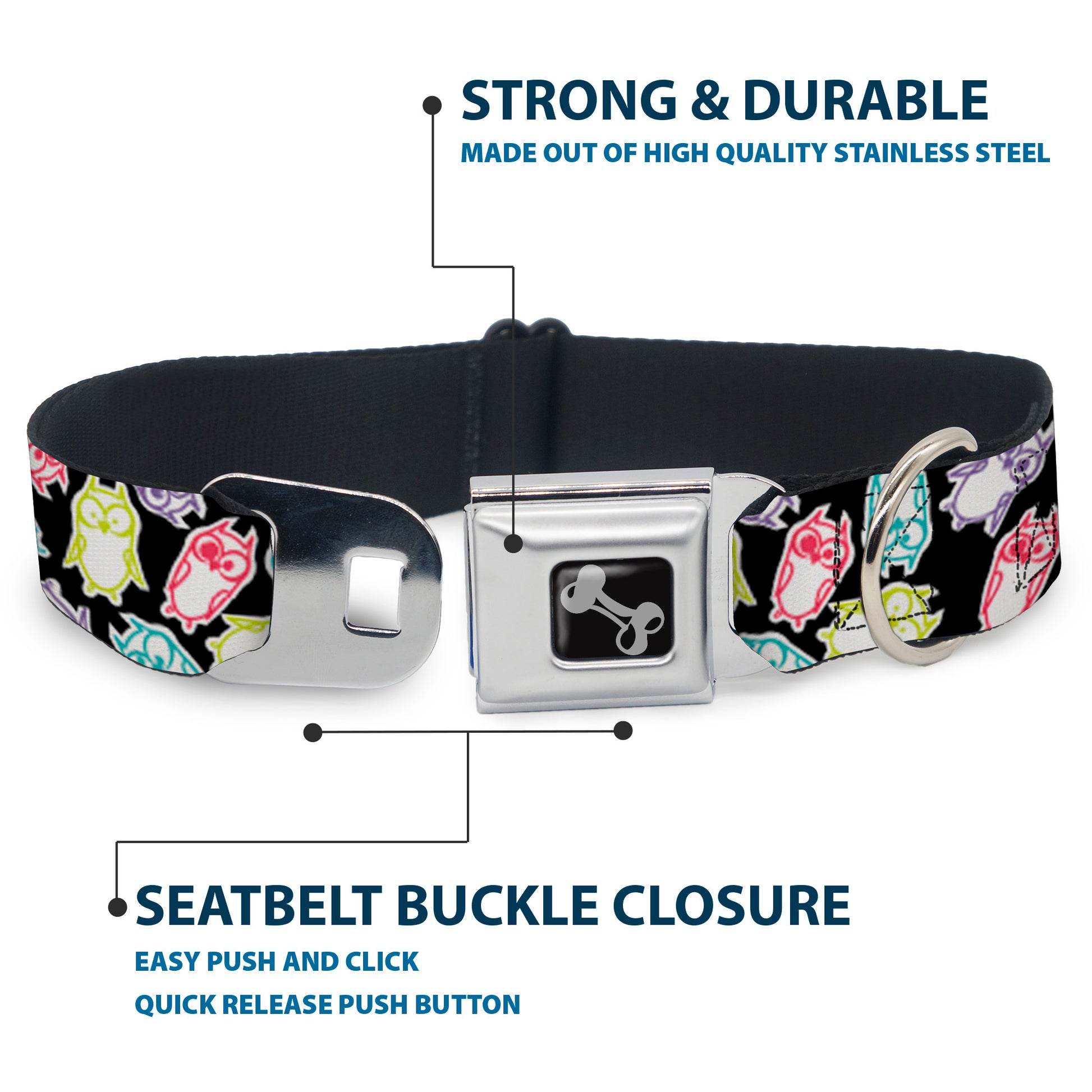 Dog Bone Seatbelt Buckle Collar - Owl Sketch Black/White/Multi Color Seatbelt Buckle Collars Buckle-Down