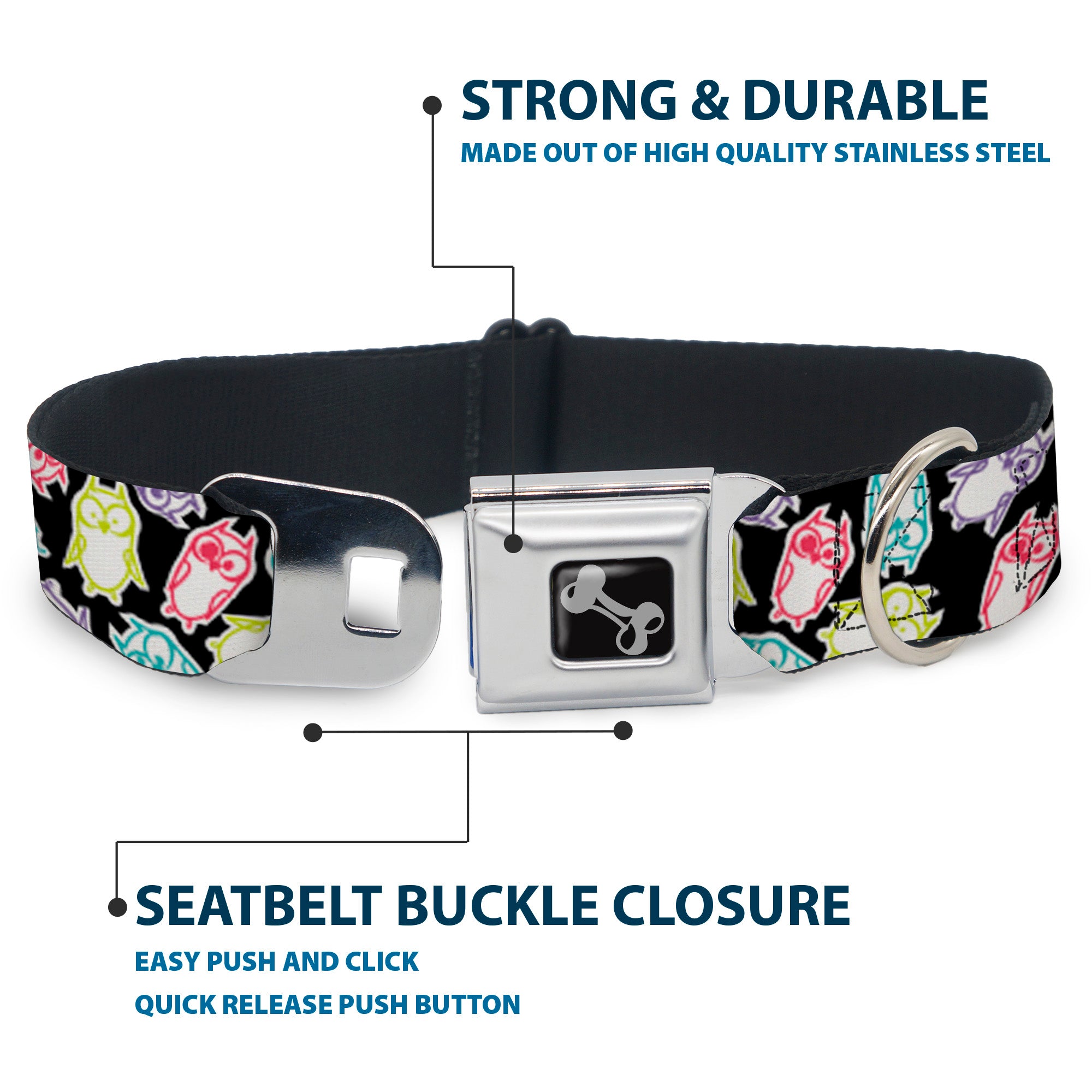 Dog Bone Seatbelt Buckle Collar - Owl Sketch Black/White/Multi Color Seatbelt Buckle Collars Buckle-Down