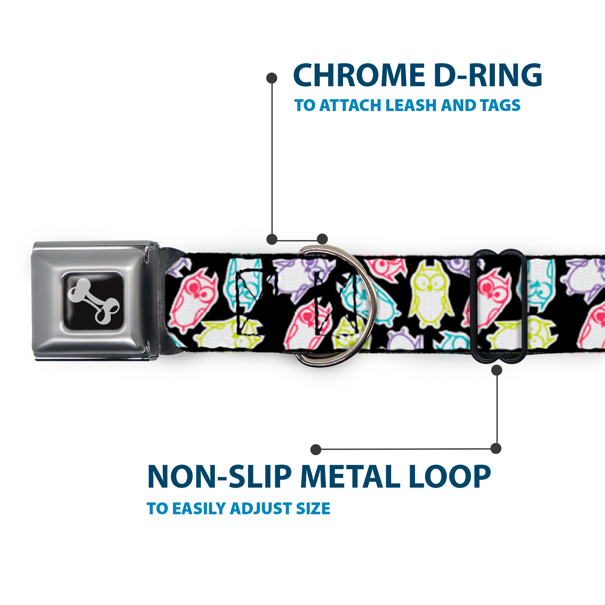 Dog Bone Seatbelt Buckle Collar - Owl Sketch Black/White/Multi Color Seatbelt Buckle Collars Buckle-Down