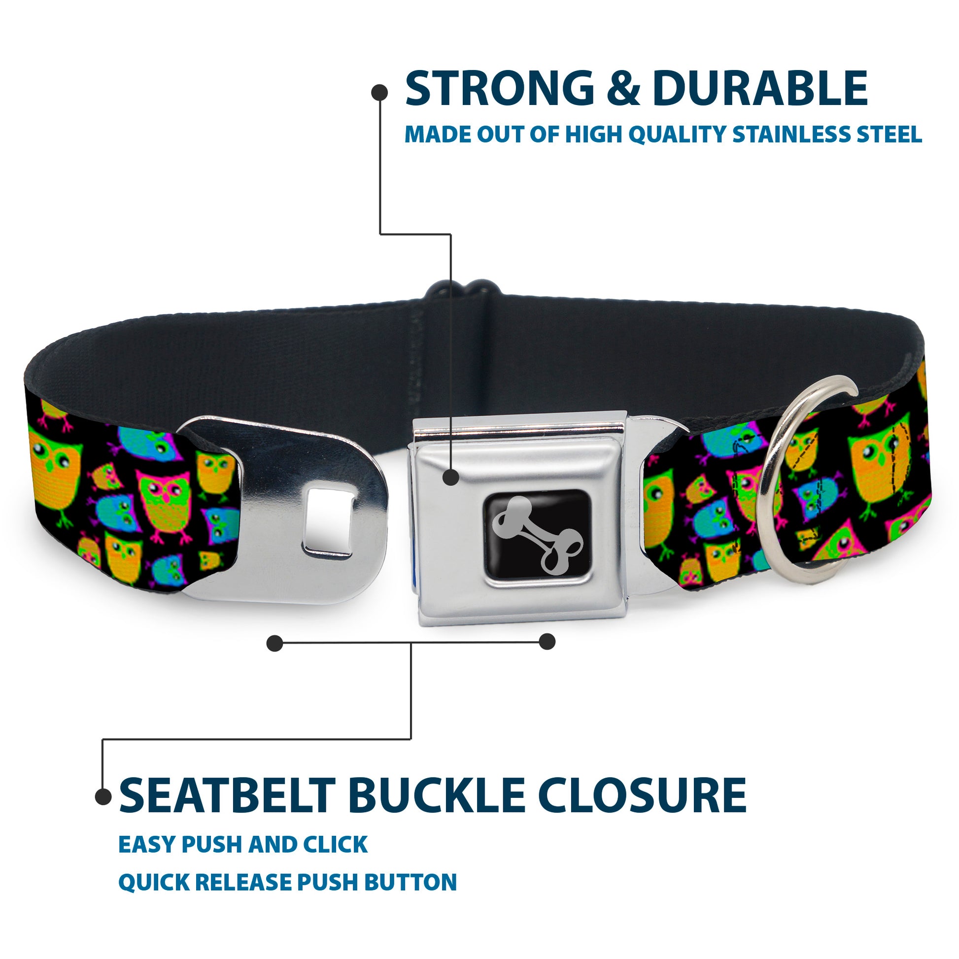 Dog Bone Seatbelt Buckle Collar - Owls Black/Multi Neon Seatbelt Buckle Collars Buckle-Down