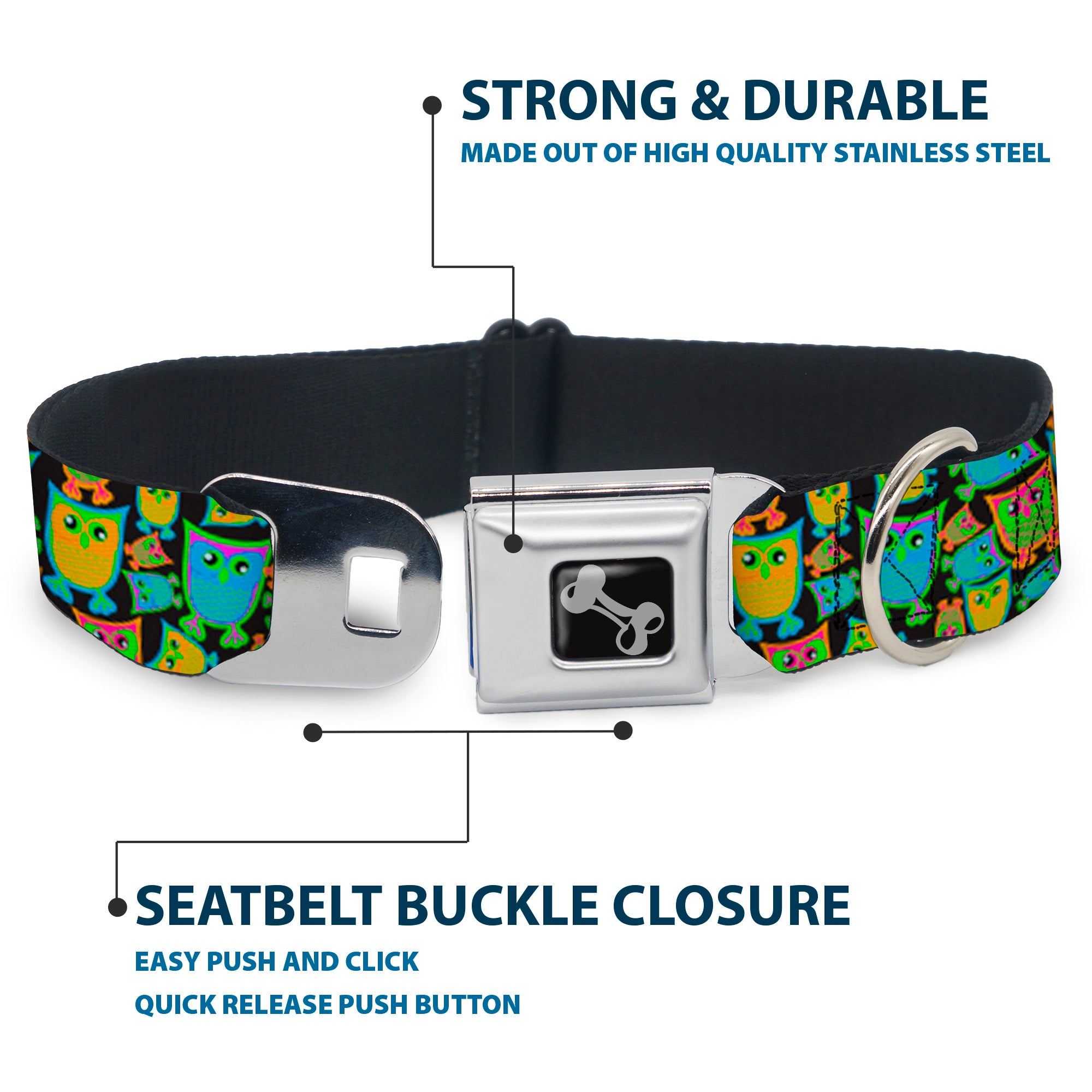 Dog Bone Seatbelt Buckle Collar - Owls w/Outline Black/Multi Neon Seatbelt Buckle Collars Buckle-Down