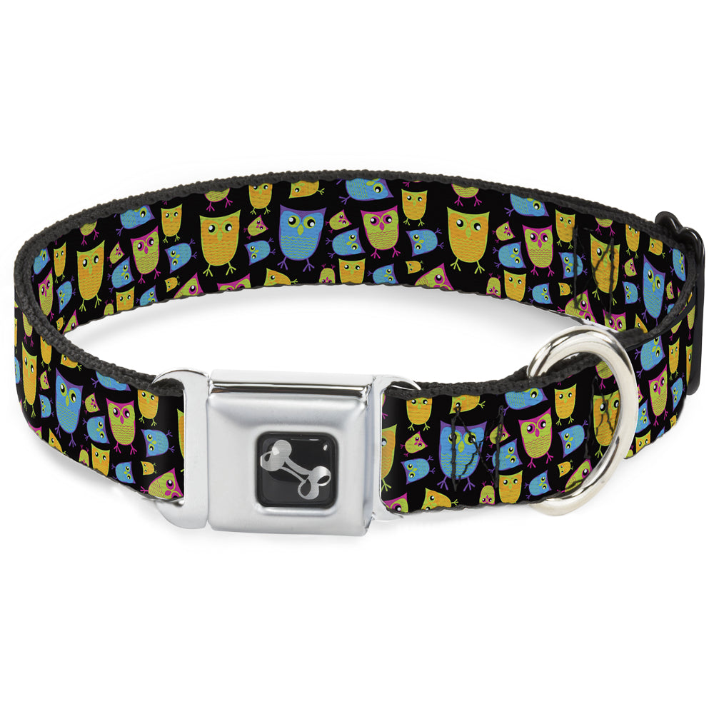 Dog Bone Seatbelt Buckle Collar - Owls w/Outline Black/Multi Neon Seatbelt Buckle Collars Buckle-Down