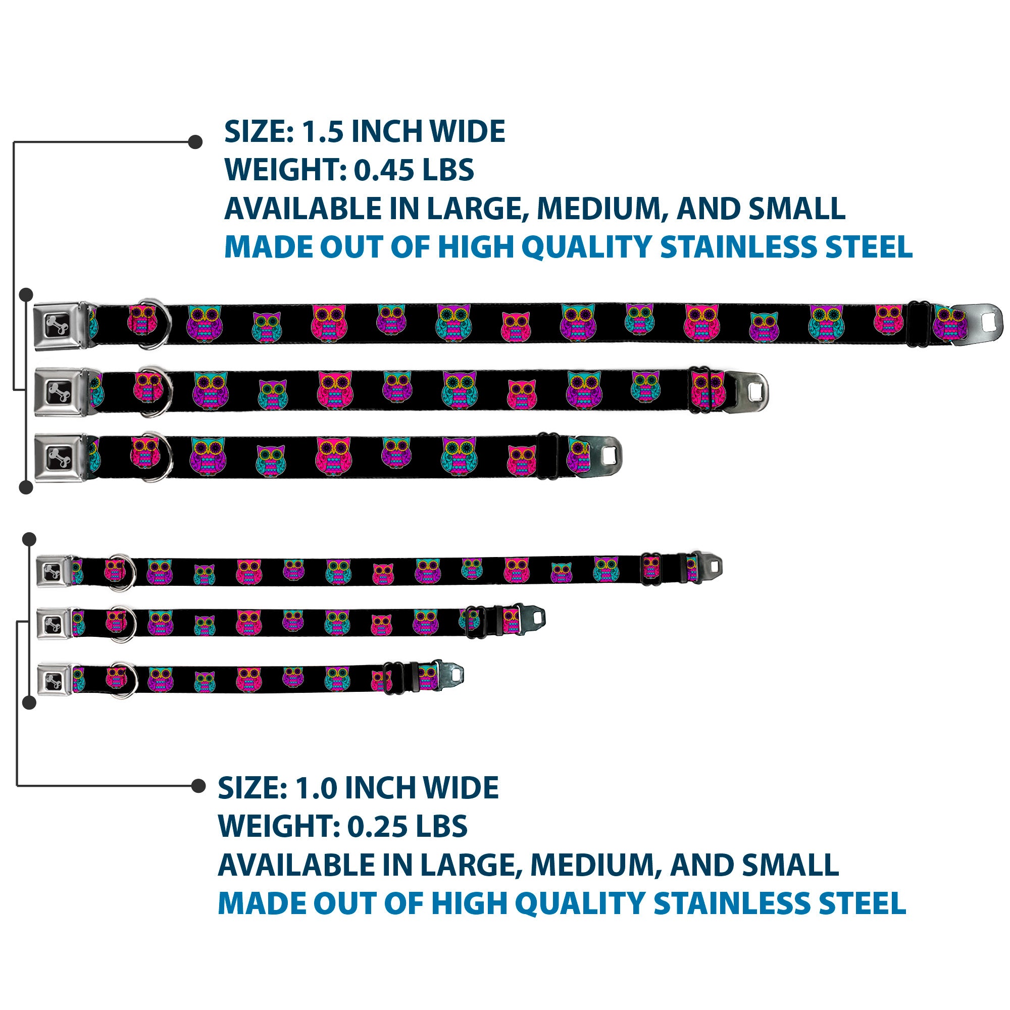 Dog Bone Seatbelt Buckle Collar - Owls Black/Fuchsia/Purple/Turquoise Seatbelt Buckle Collars Buckle-Down