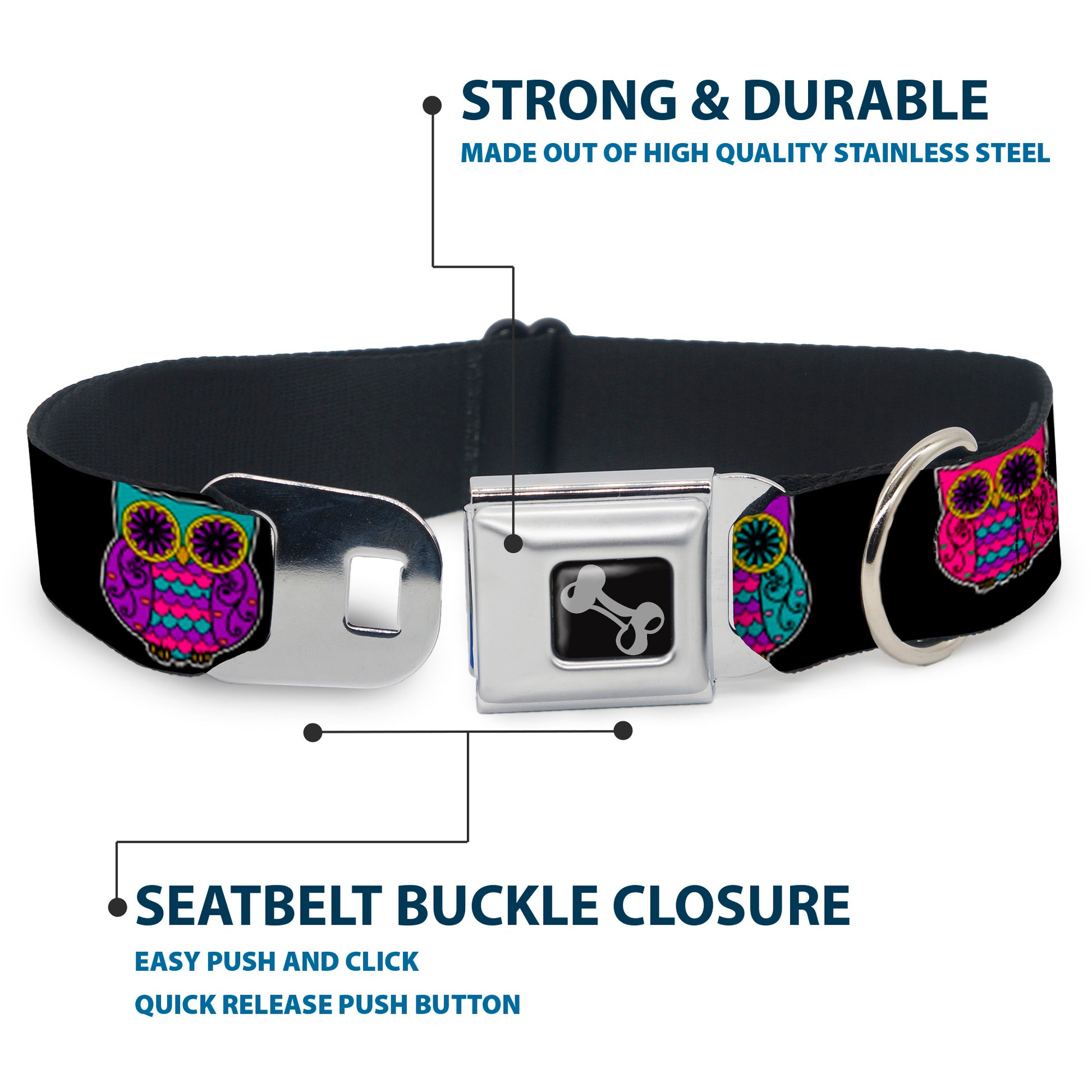 Dog Bone Seatbelt Buckle Collar - Owls Black/Fuchsia/Purple/Turquoise Seatbelt Buckle Collars Buckle-Down