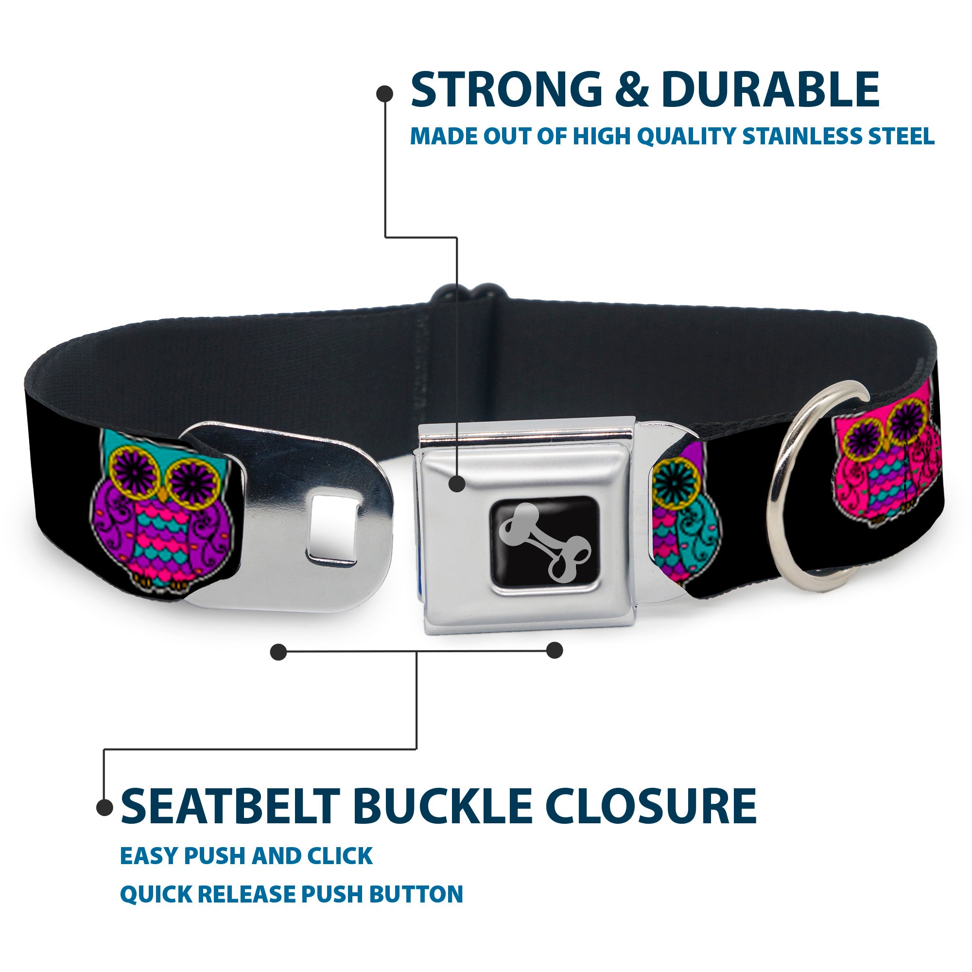 Dog Bone Seatbelt Buckle Collar - Owls Black/Fuchsia/Purple/Turquoise Seatbelt Buckle Collars Buckle-Down